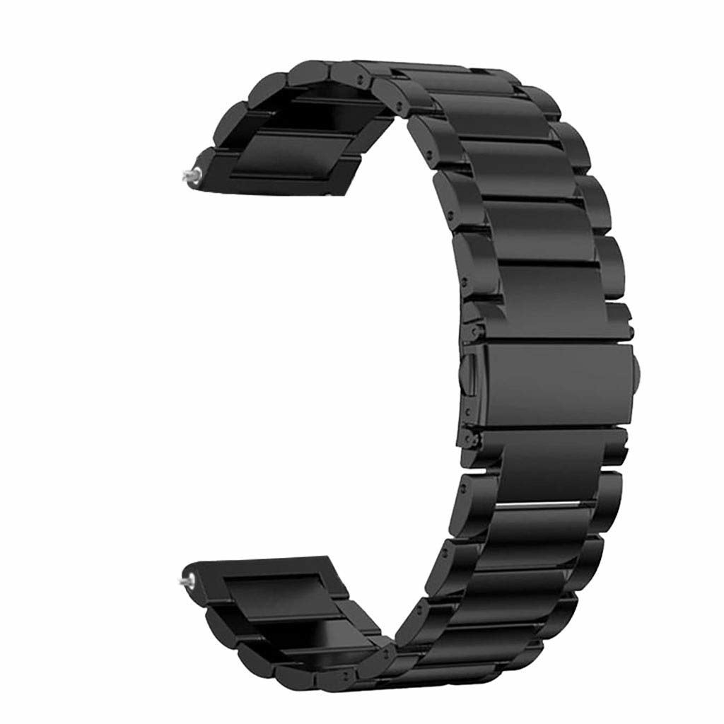 Ein gebogenes, schwarzes Metall-Uhrenarmband. Es hat rechteckige Glieder und einen Verschluss. Das Band ist auf weißem Hintergrund isoliert.