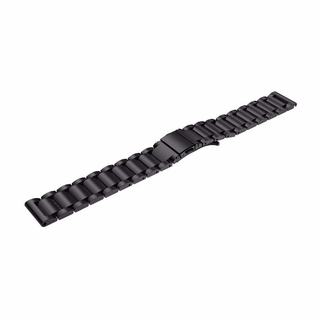 Ein schwarzes Metall-Uhrenarmband liegt diagonal auf weißem Grund. Es hat mehrere verbundene Glieder und einen Verschluss.