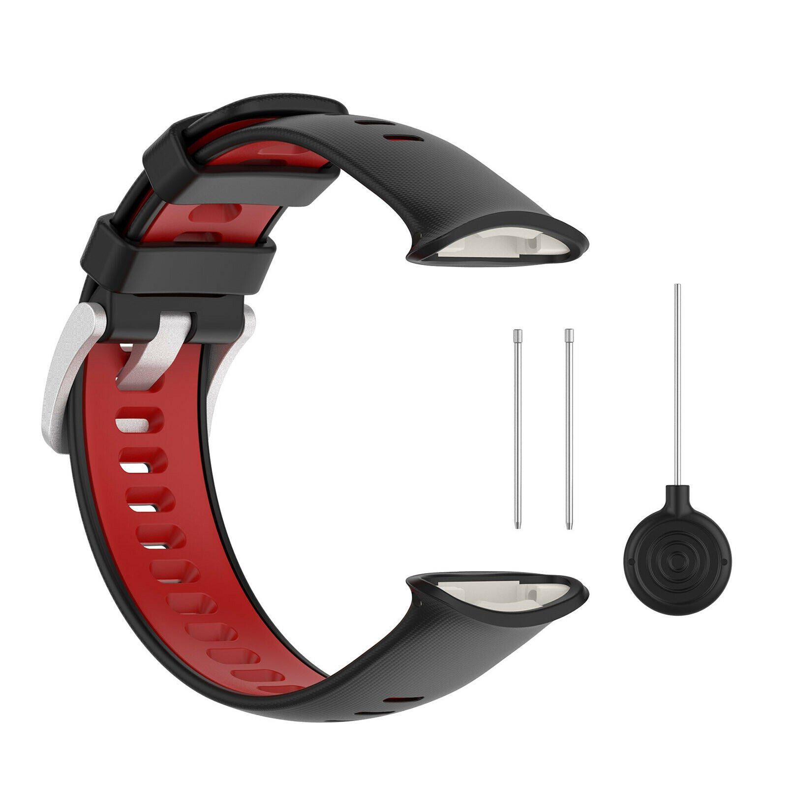 Schwarzes und rotes Uhrenarmband mit silberner Schnalle. Enthält Stifte und Werkzeug. Isoliert auf weißem Hintergrund.