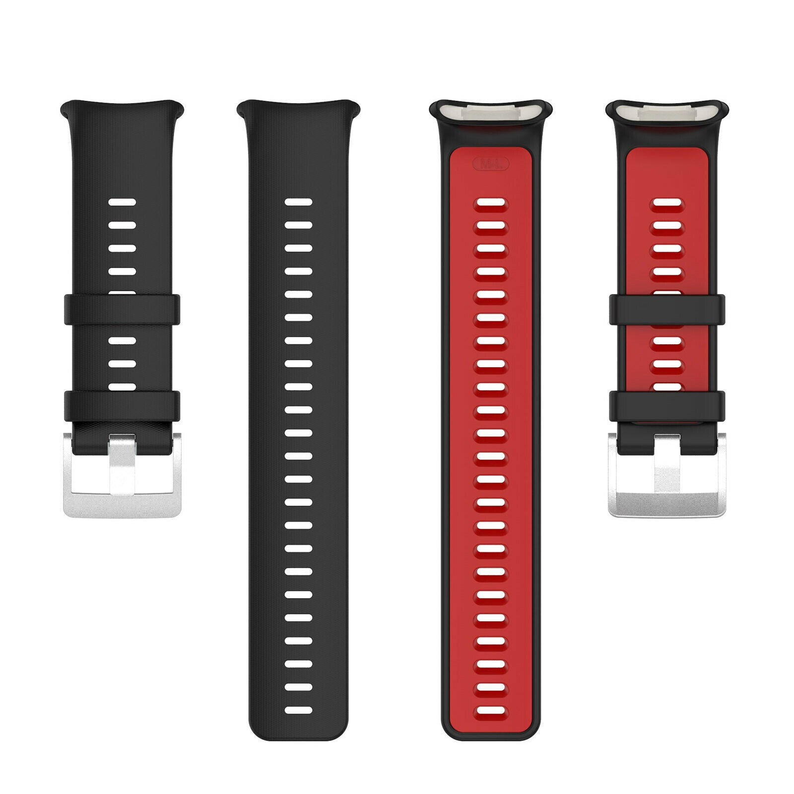 Vier Uhrenarmbänder auf weißem Hintergrund. Zwei schwarze Armbänder, eins rot, eins schwarz und rot. Alle haben Löcher und eine Schnalle.