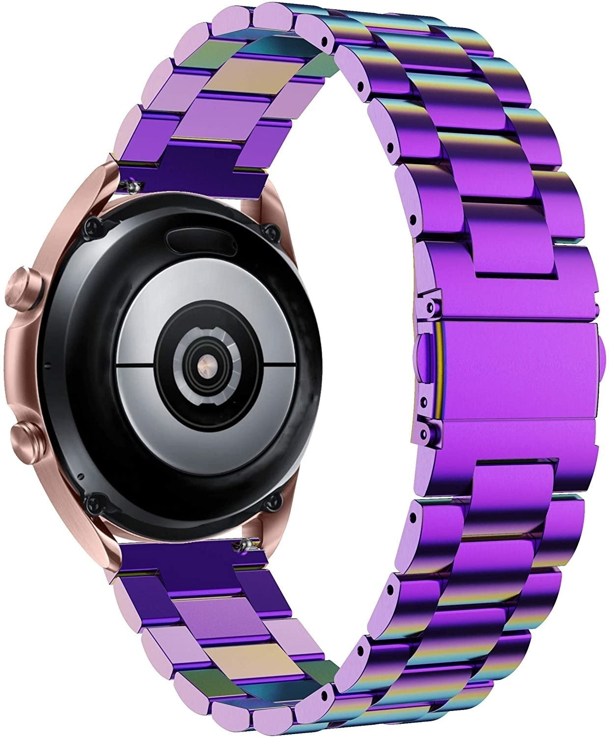 Eine Smartwatch mit lila Metallarmband. Das Zifferblatt ist schwarz mit einer roségoldenen Lünette. Das Armband ist geschlossen.