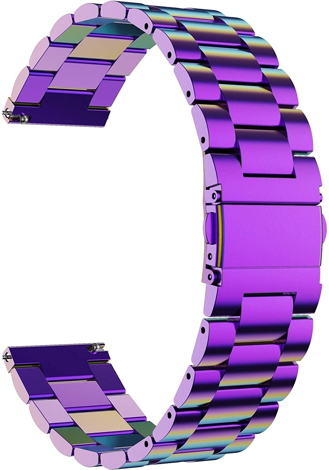 Ein gebogenes lilafarbenes Uhrenarmband mit Verschluss. Das Armband besteht aus rechteckigen Gliedern, die irisierend sind.