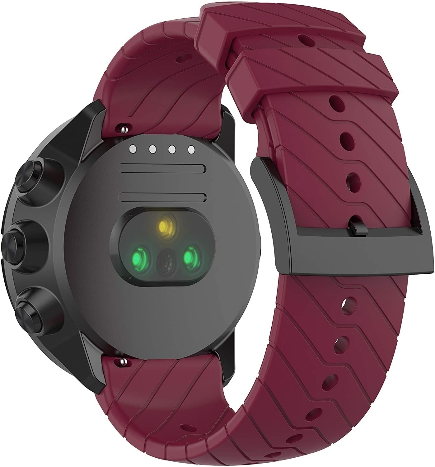 Eine Smartwatch mit dunkelgrauem Gehäuse und weinrotem Armband. Das Armband hat eine schwarze Schnalle und die Uhr grüne und gelbe Sensoren.