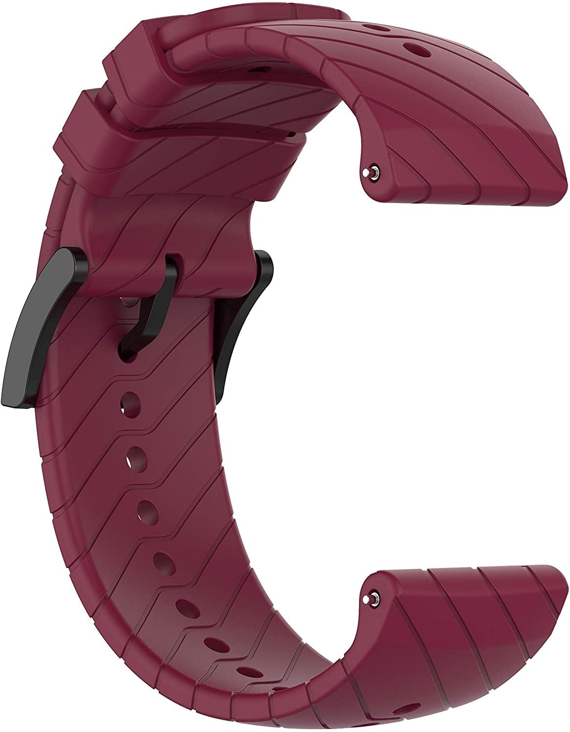 Ein weinrotes Uhrenarmband mit schwarzem Verschluss. Das Armband ist gebogen und hat eine strukturierte Oberfläche mit Löchern zur Anpassung.
