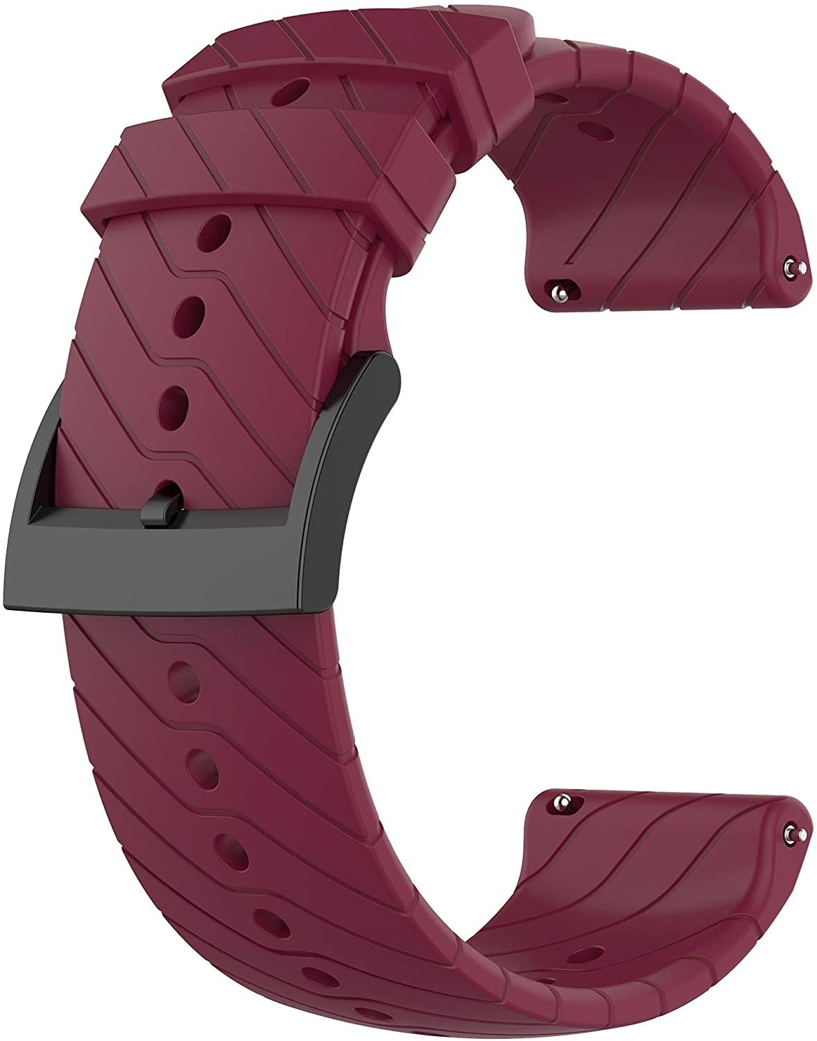 Ein weinrotes Armband mit schwarzer Schnalle. Das Armband hat eine strukturierte Oberfläche und Löcher. Die Schnalle ist rechteckig.