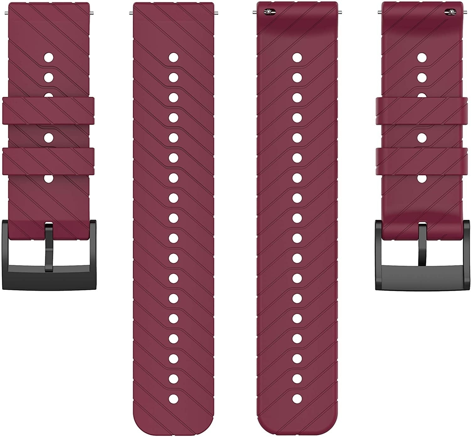 Vier weinrote Uhrenarmbänder mit schwarzen Schnallen. Jedes Armband hat weiße Löcher und diagonale Linien. Die Armbänder sind vertikal angeordnet.