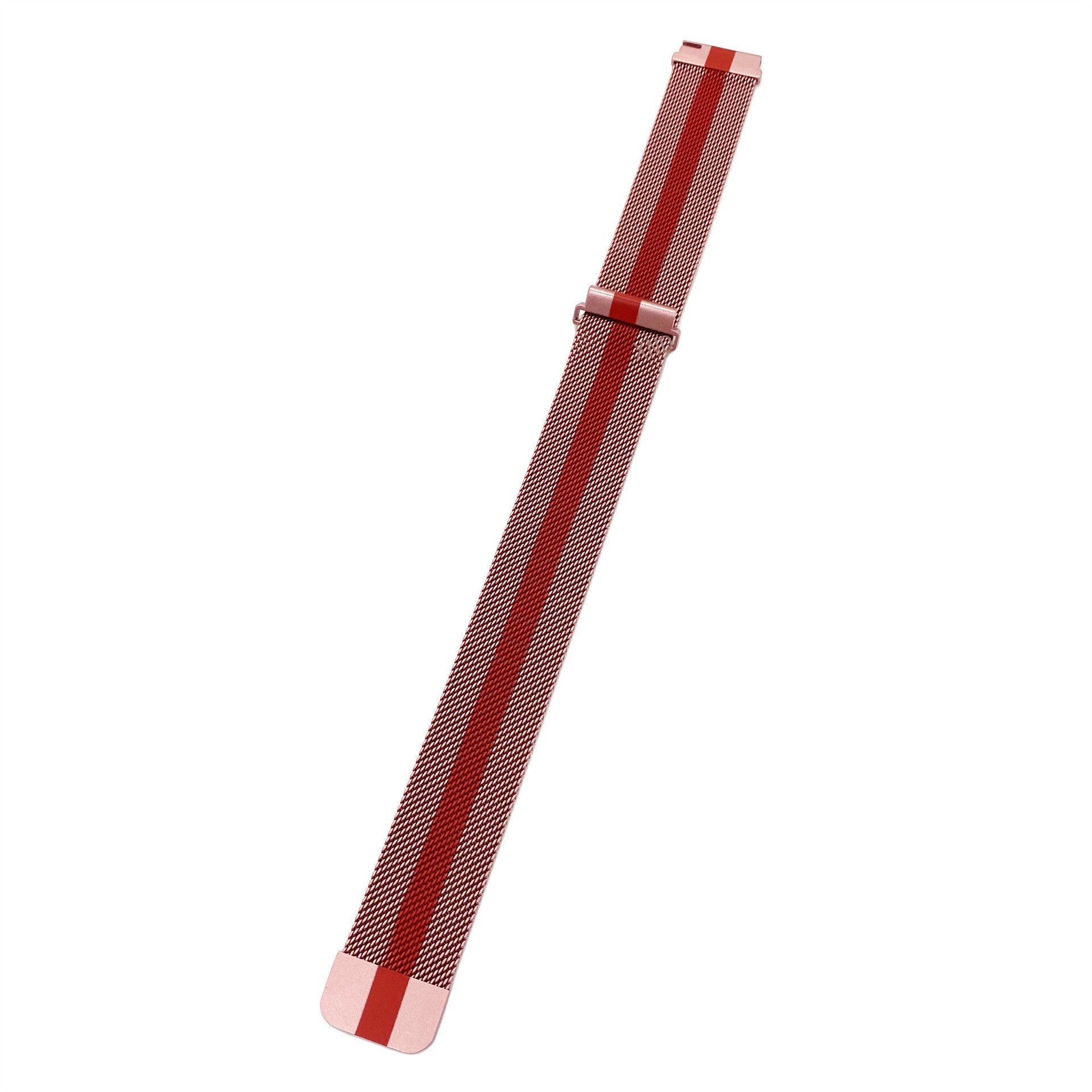 Ein roségoldenes Uhrenarmband liegt diagonal. Es hat einen roten Mittelstreifen und ein Netzdesign. Der Hintergrund ist weiß.