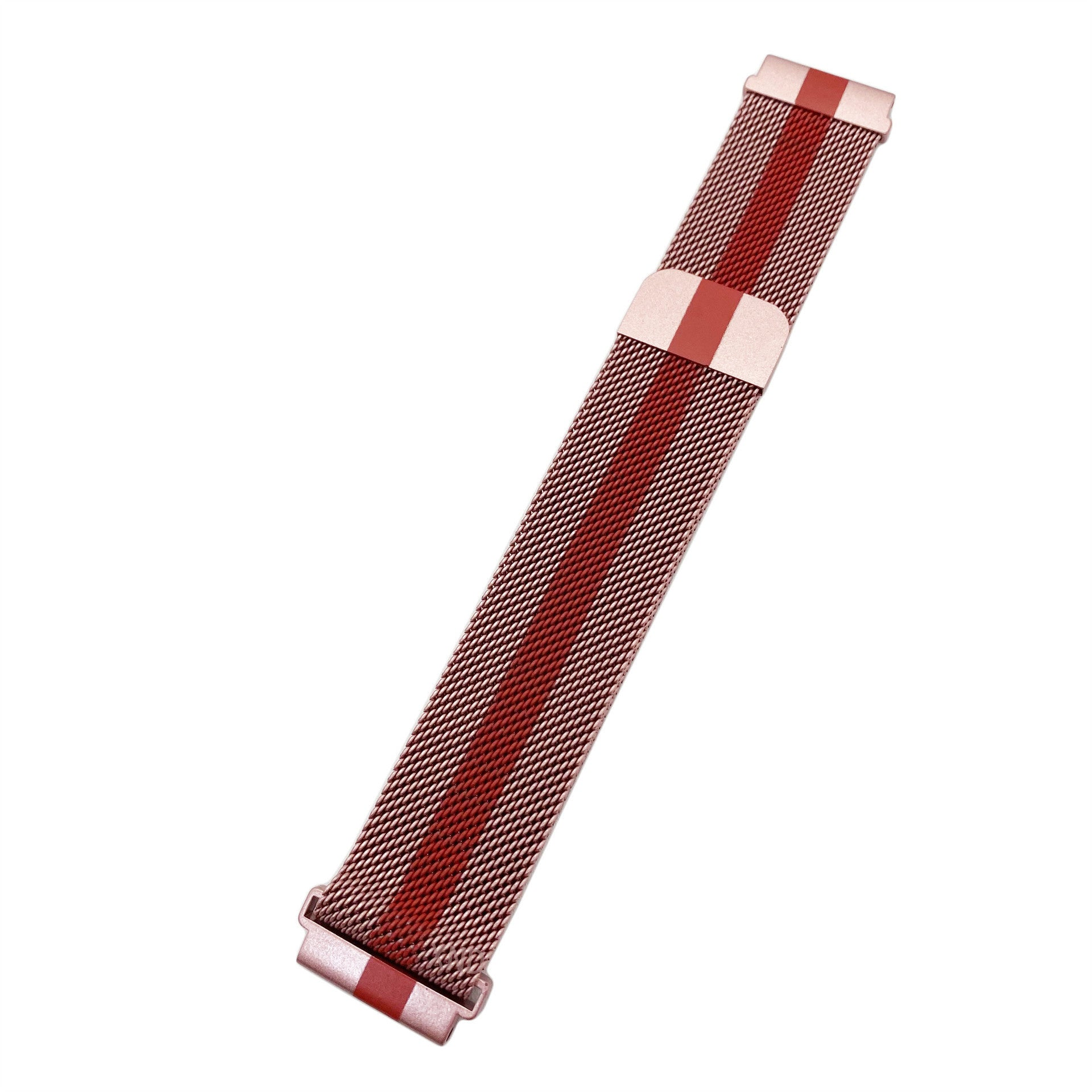 Ein roségoldenes Uhrenarmband mit rotem Streifen in der Mitte, vor weißem Hintergrund.