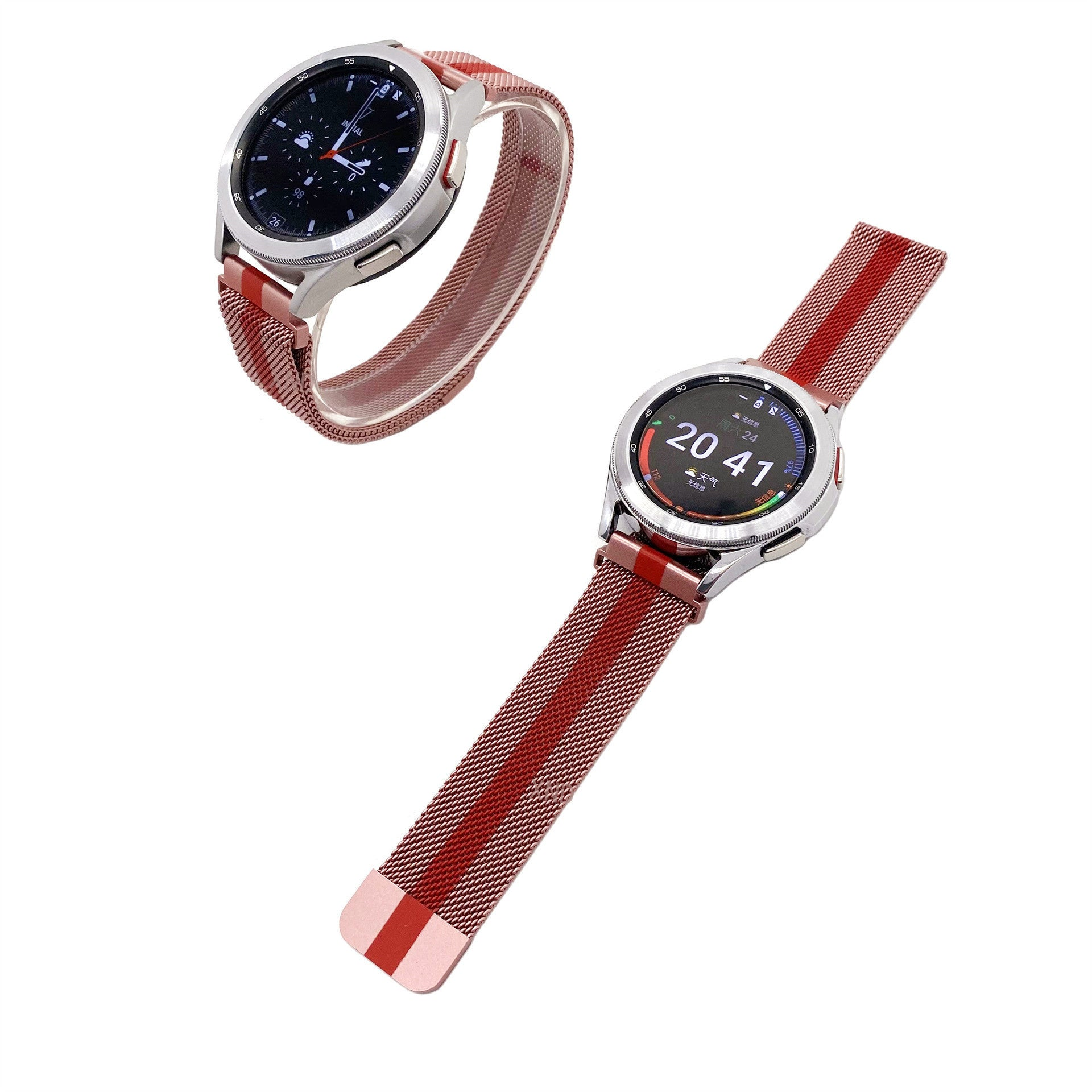 Zwei Smartwatches mit rot-silbernen Armbändern werden vor weißem Hintergrund gezeigt. Eine zeigt die Uhrzeit.