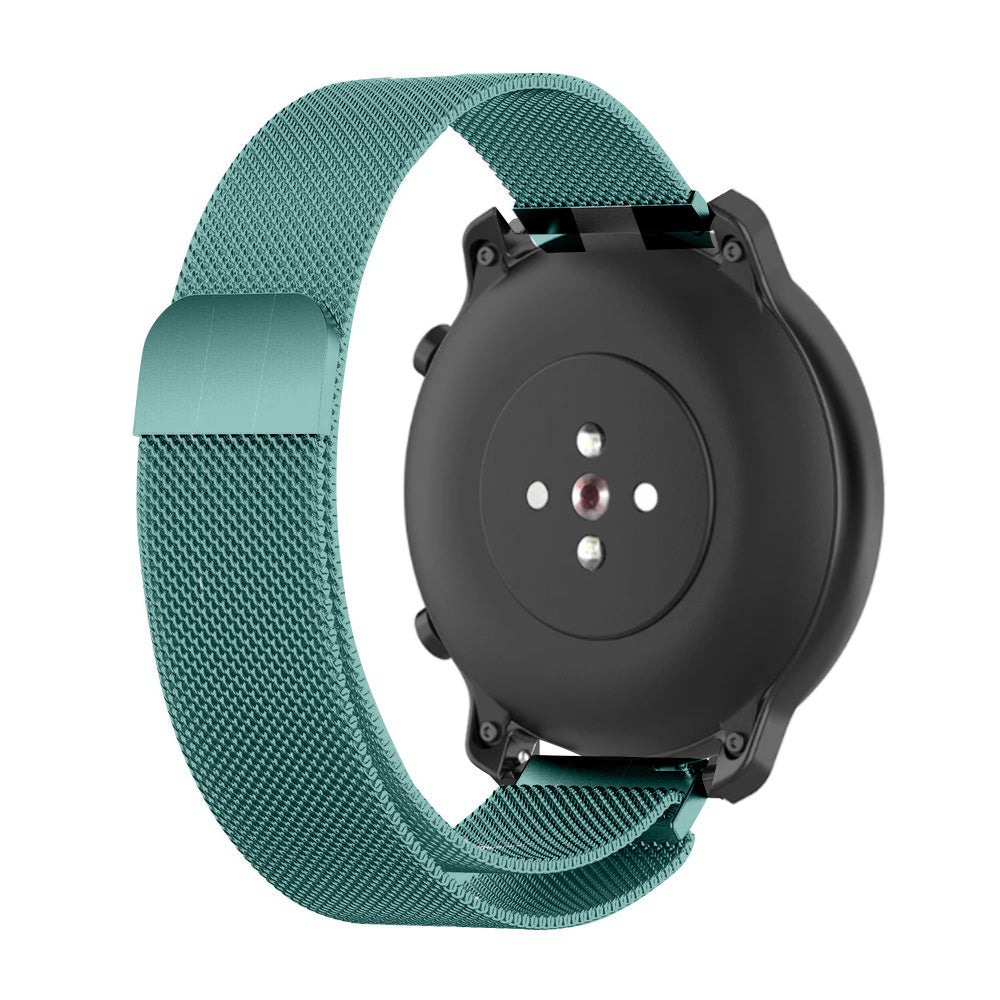 Eine schwarze Smartwatch mit einem teal-farbenen Metallarmband. Die Rückseite der Uhr zeigt Sensoren. Das Armband ist mit dem Gehäuse verbunden.