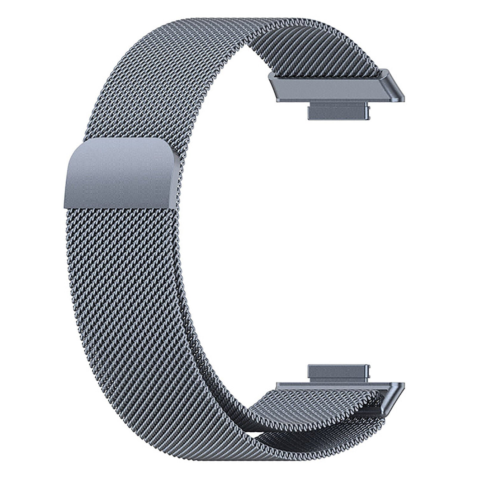 Ein gebogenes, metallisch graues Uhrenarmband aus feinem Mesh. Das Band hat zwei Enden mit Verschlüssen. Der Hintergrund ist weiß.