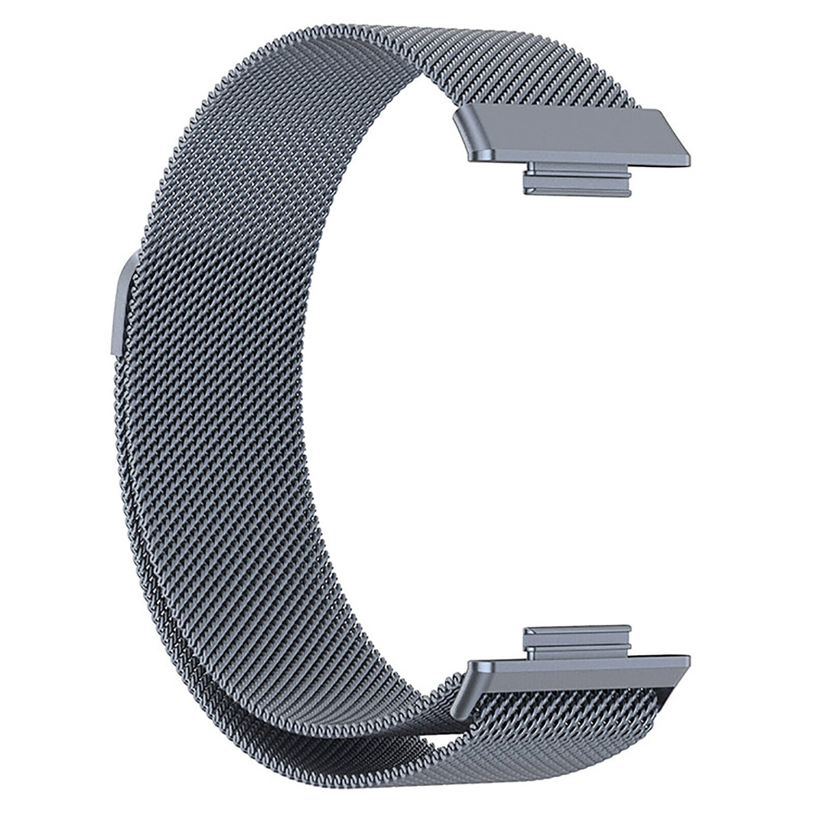Ein silbernes Metall-Armband in C-Form, aus einem Netzmaterial. An den Enden befinden sich zwei Metallverschlüsse.