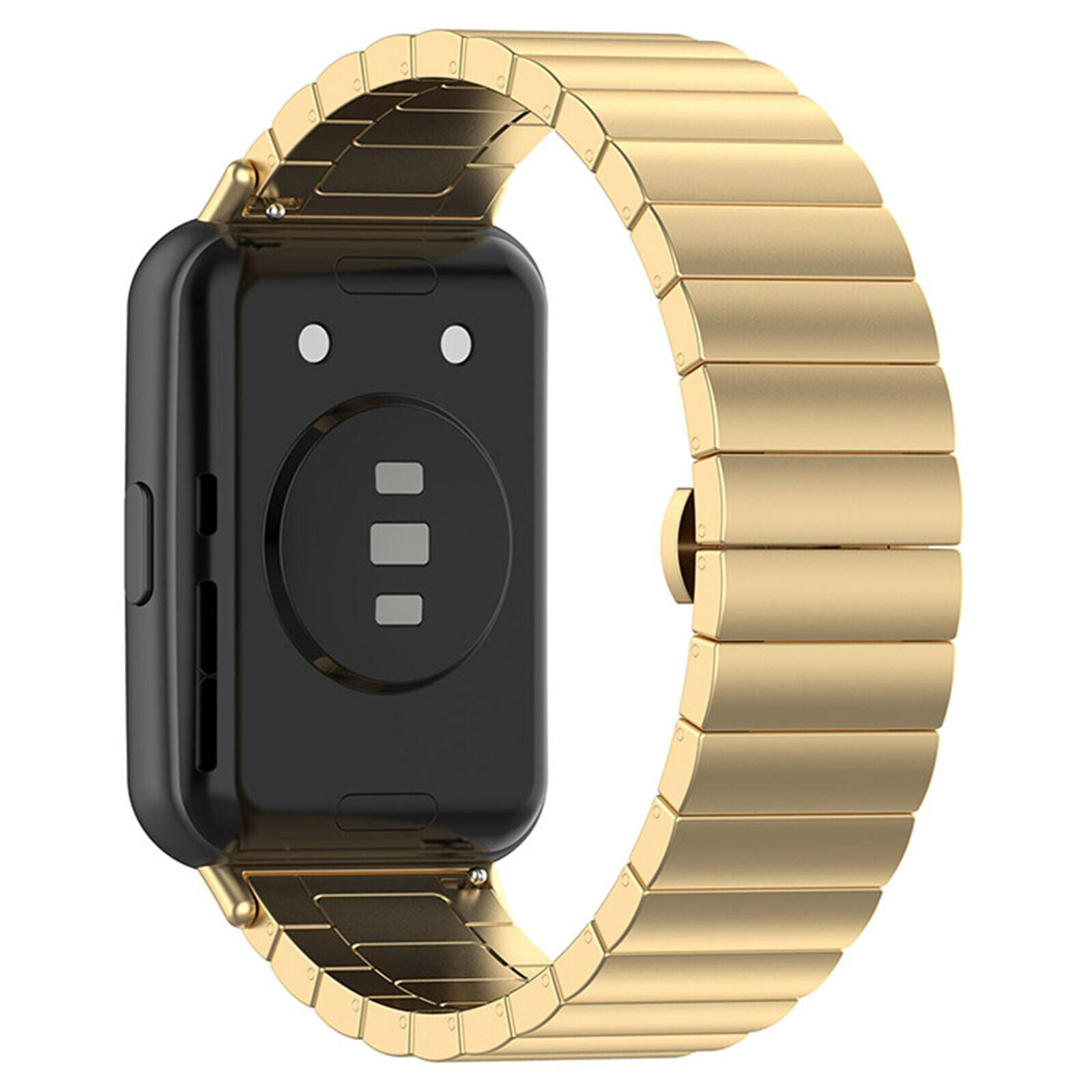 Schwarze Smartwatch mit goldenem Metallarmband. Die Uhr hat ein rechteckiges Zifferblatt mit Sensoren und ein goldenes Band.