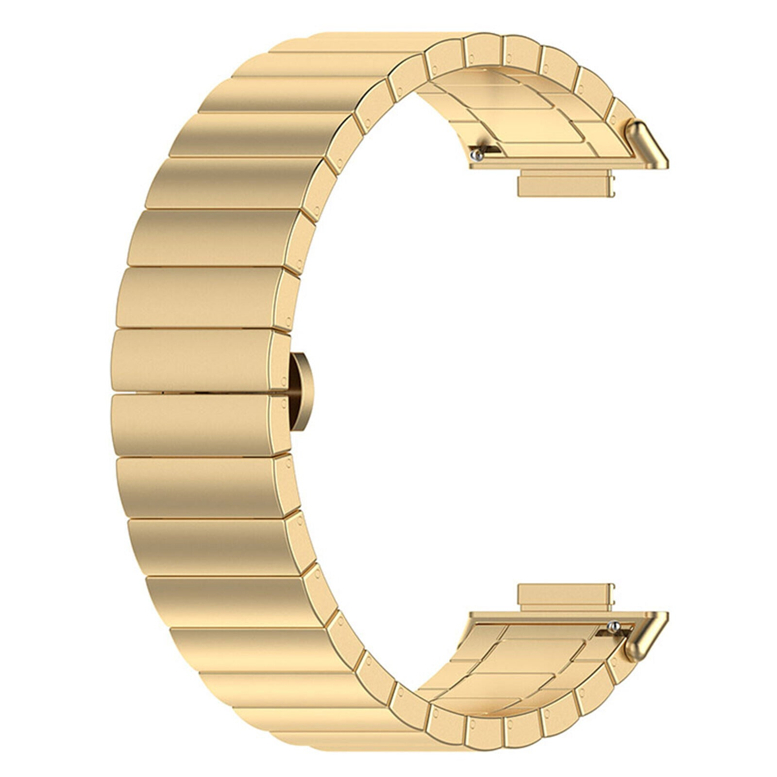 Ein goldfarbenes Armband in C-Form auf weißem Hintergrund. Das Armband besteht aus rechteckigen Segmenten.