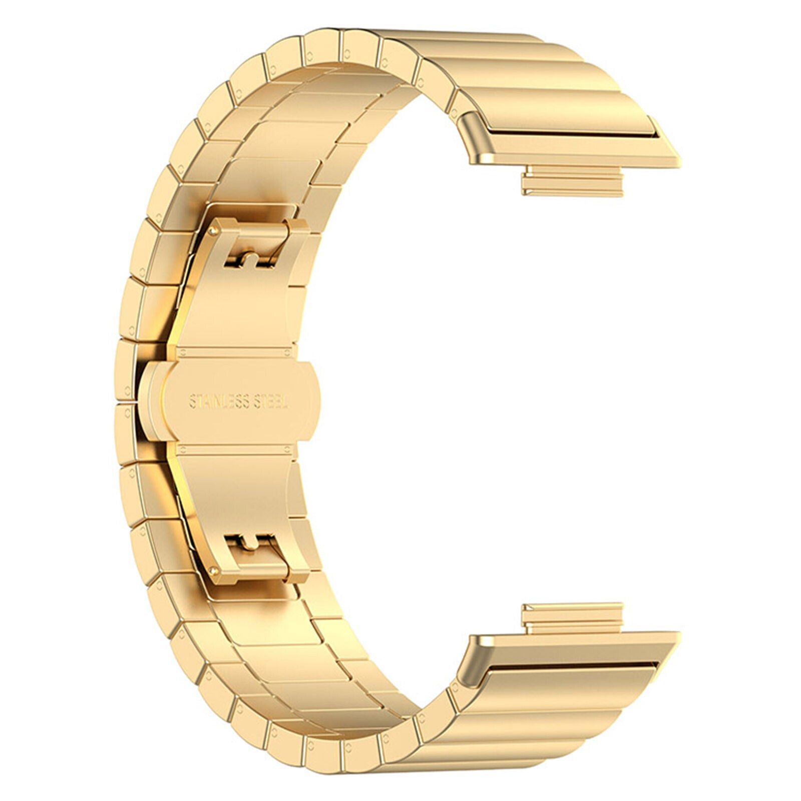 Ein goldfarbenes Edelstahl-Uhrenarmband wird vor weißem Hintergrund gezeigt. Das Band hat eine C-Form.