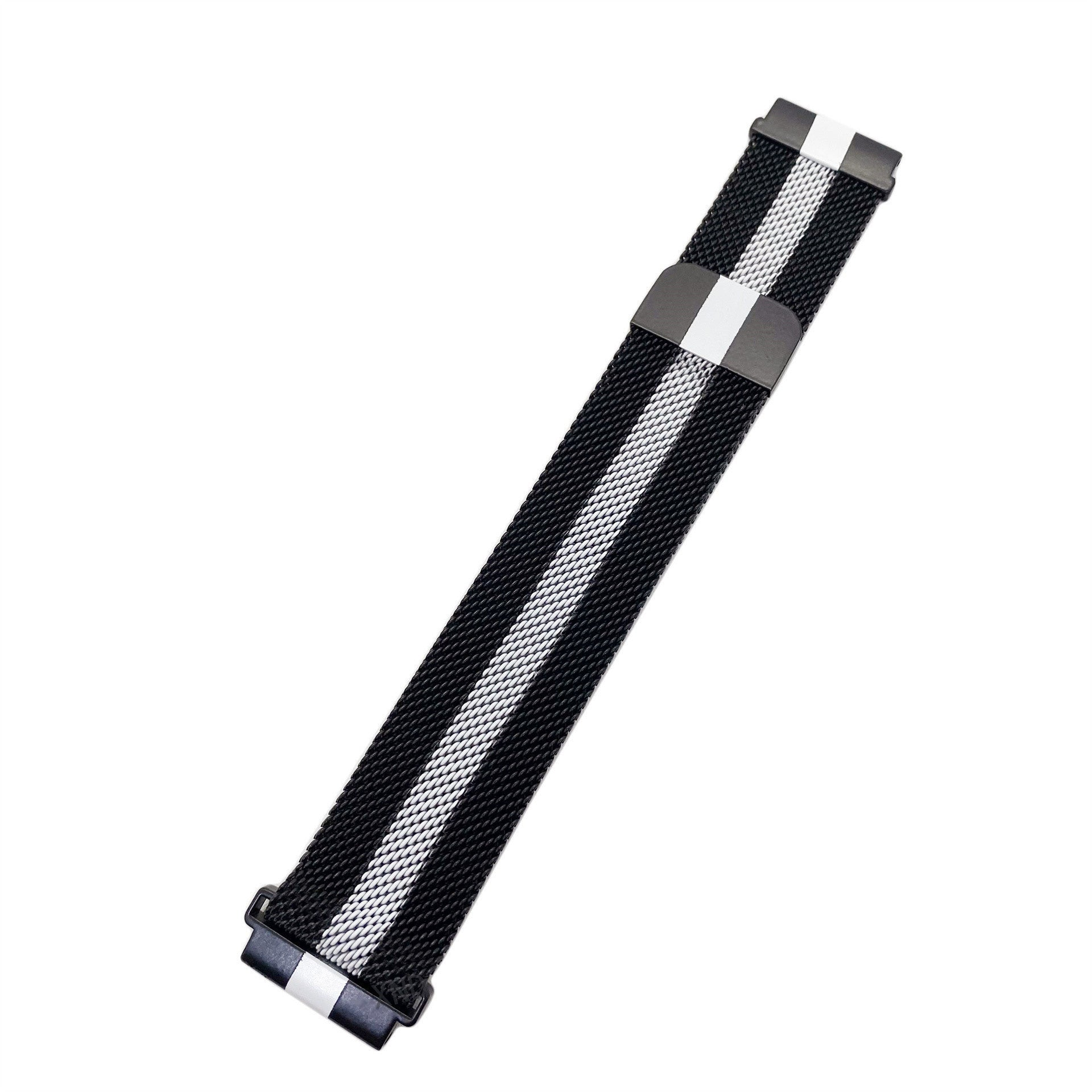 Schwarz-weißes Uhrenarmband. Das Band hat zwei weiße Streifen und schwarzes Mesh. Die Enden sind schwarz mit einem weißen Streifen.