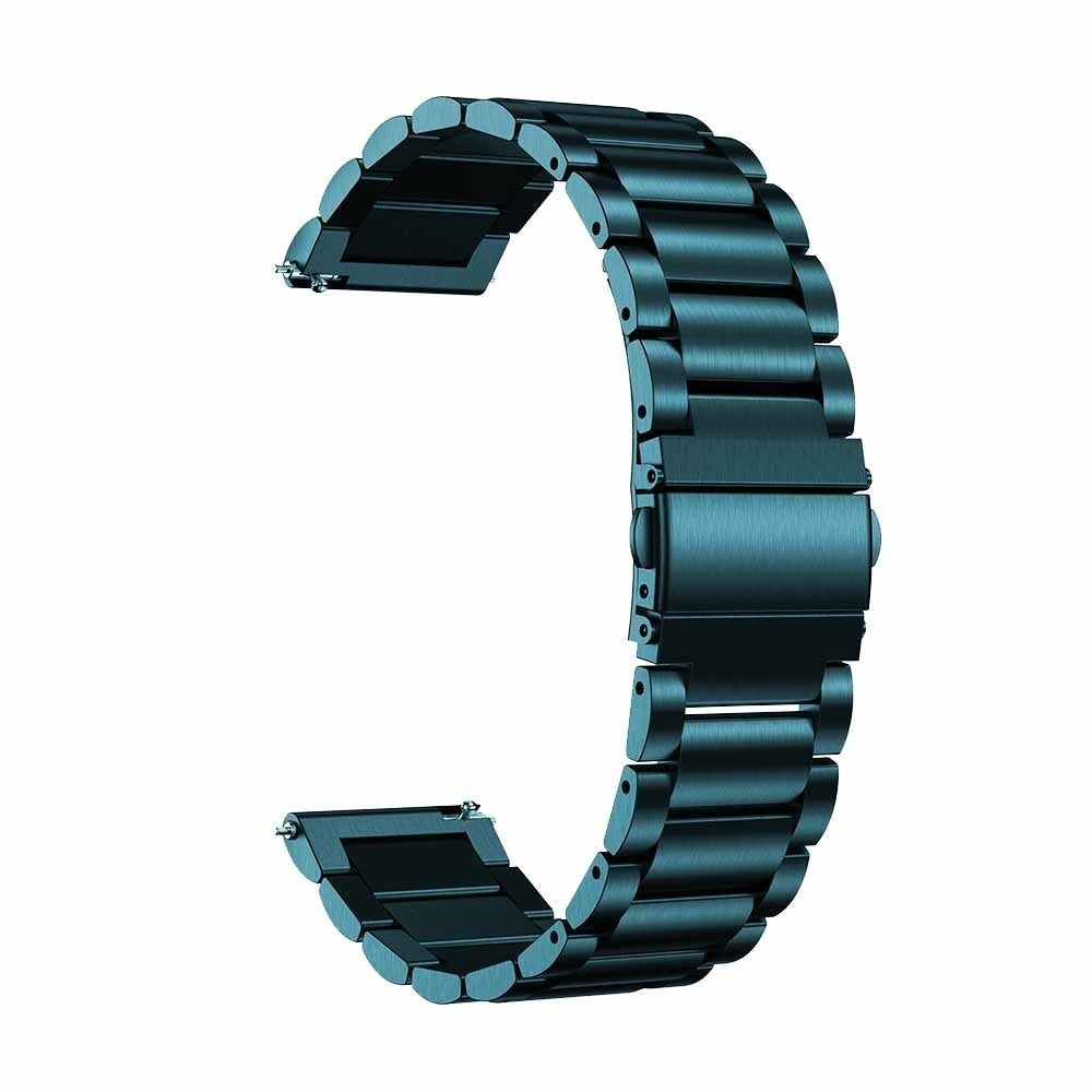 Ein dunkelblaugrünes Metall-Uhrenarmband wird vor einem weißen Hintergrund gezeigt. Das Armband ist gebogen und zeigt seine Glieder und den Verschluss.