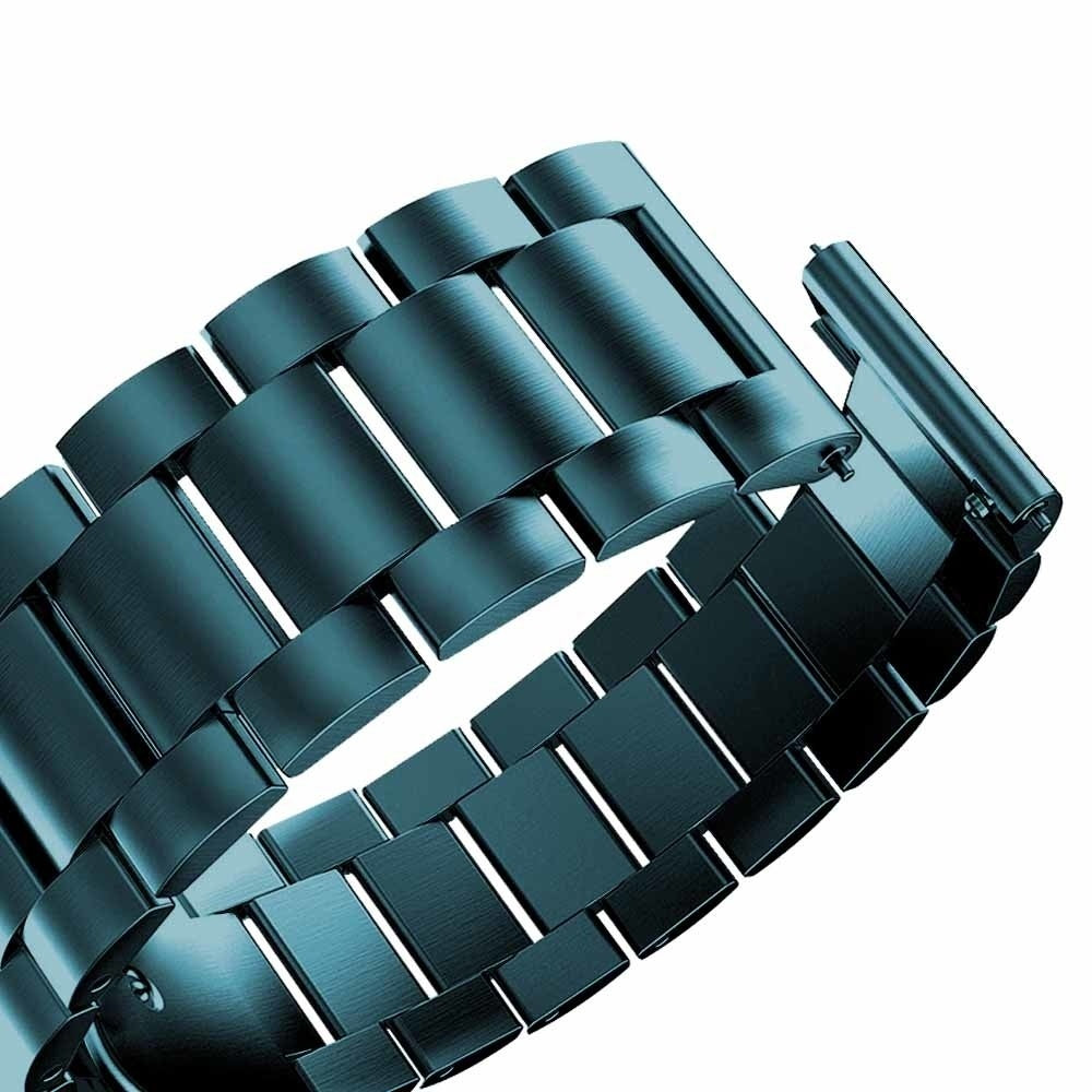 Nahaufnahme eines teal-farbenen Uhrenarmbands. Das metallische Band besteht aus rechteckigen und gebogenen Gliedern vor weißem Hintergrund.