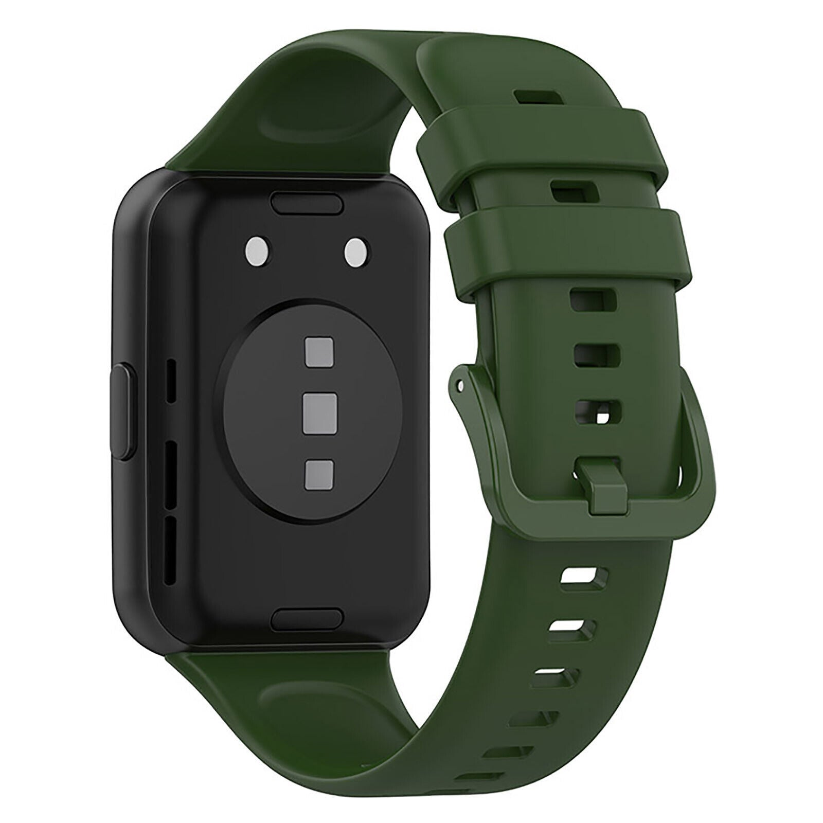 Eine schwarze Smartwatch mit grünem Armband. Das Zifferblatt hat zwei kleine Kreise und drei Quadrate. Das Armband ist verbunden.