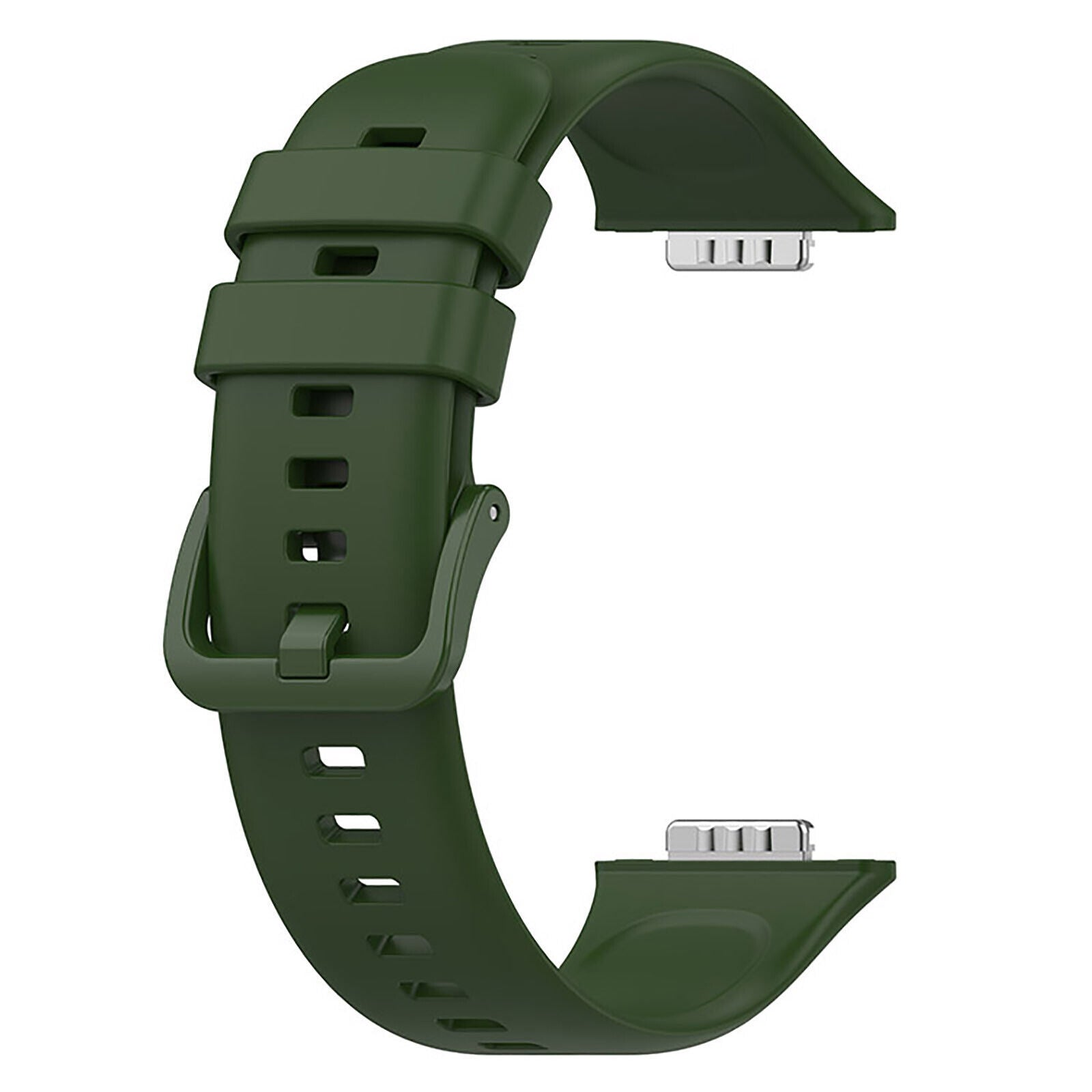 Ein grünes Uhrenarmband mit Schnalle und Metallverbindern an den Enden. Der Hintergrund ist weiß.