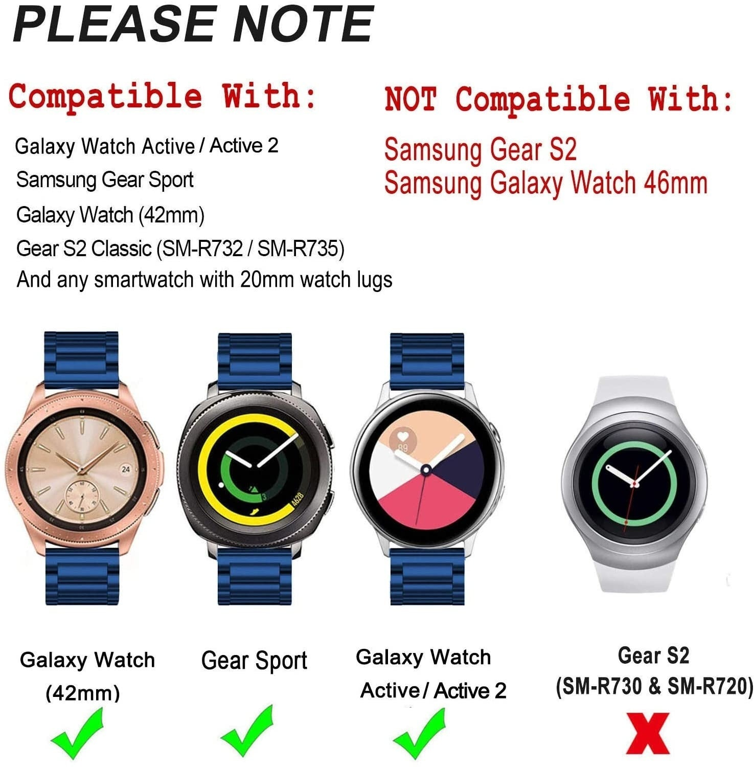 Das Bild zeigt Smartwatches mit Kompatibilitäts-Häkchen. Kompatibel mit Galaxy Watch Active/2, Gear Sport, Galaxy Watch (42mm). Nicht kompatibel mit Gear S2.