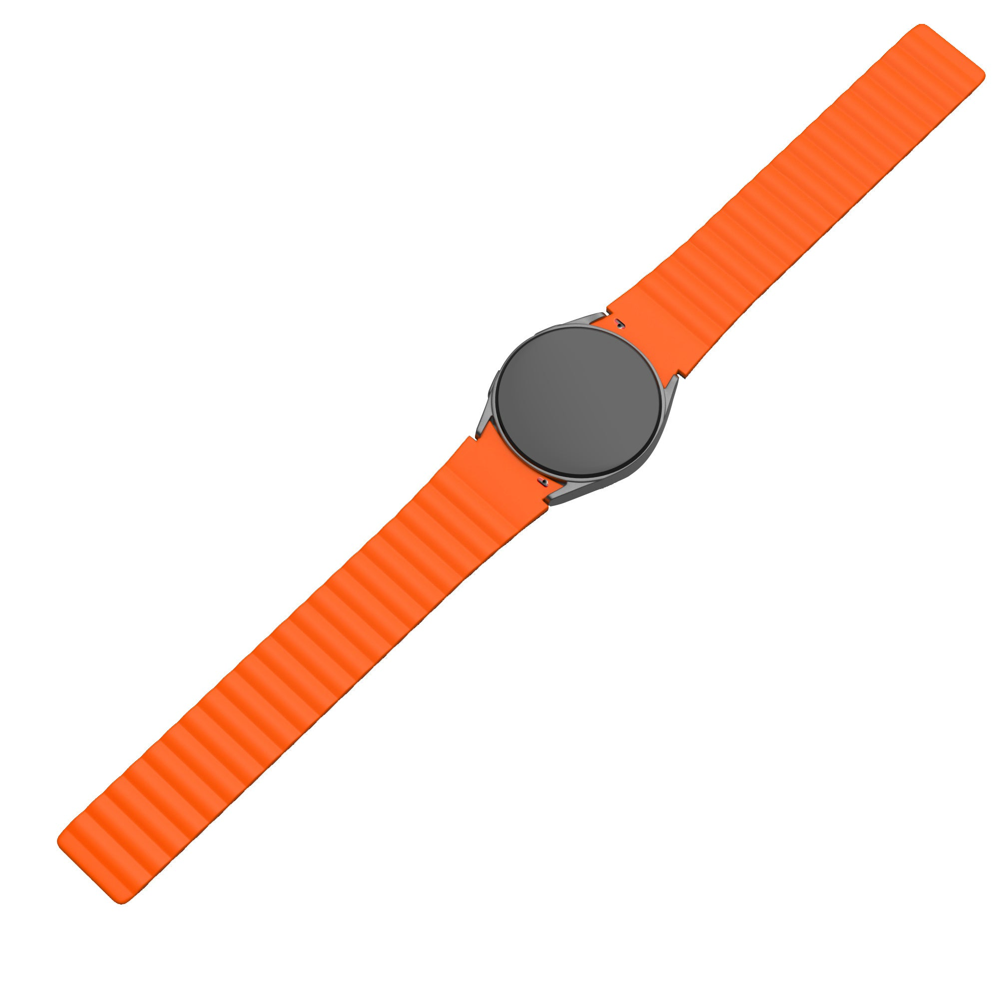 Eine orangefarbene Smartwatch mit schwarzem Bildschirm liegt diagonal auf weißem Hintergrund. Das Uhrenarmband ist orange.
