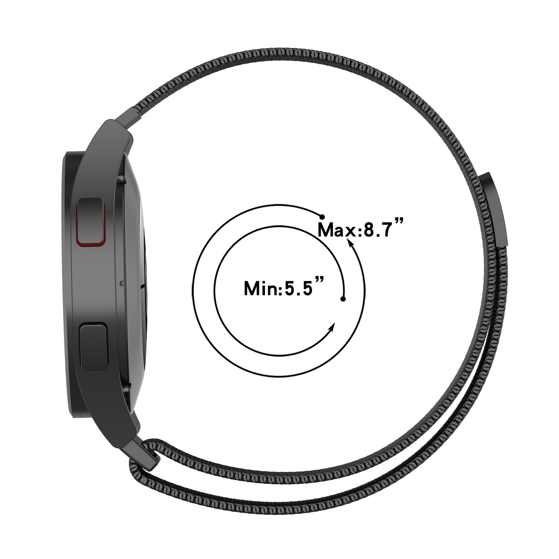 Eine schwarze Smartwatch mit Mesh-Armband wird von der Seite gezeigt. Sie hat einen Kreis, der die Größe anzeigt, mit 'Max:8.7"' und 'Min:5.5"'.
