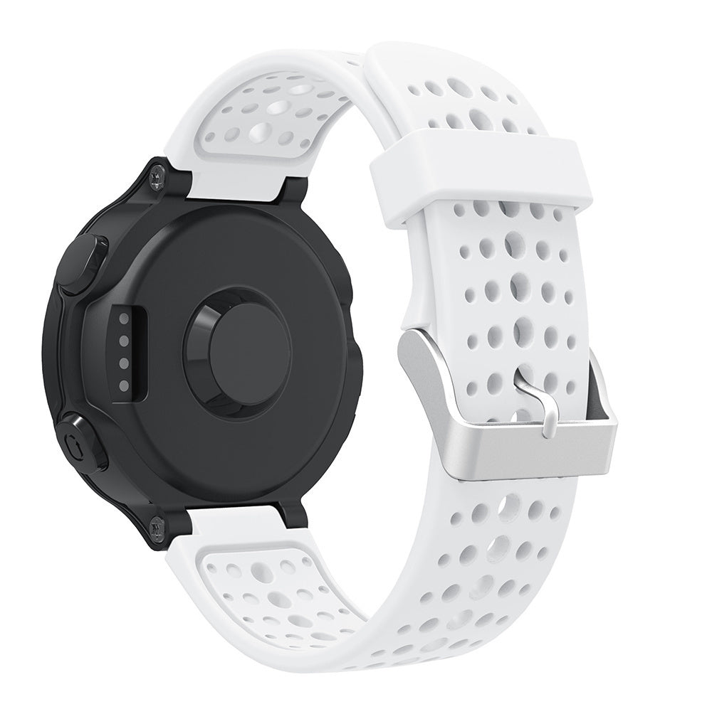 Eine schwarze Smartwatch mit weißem Armband. Das Armband ist mit Löchern perforiert. Der Verschluss ist silberfarben.