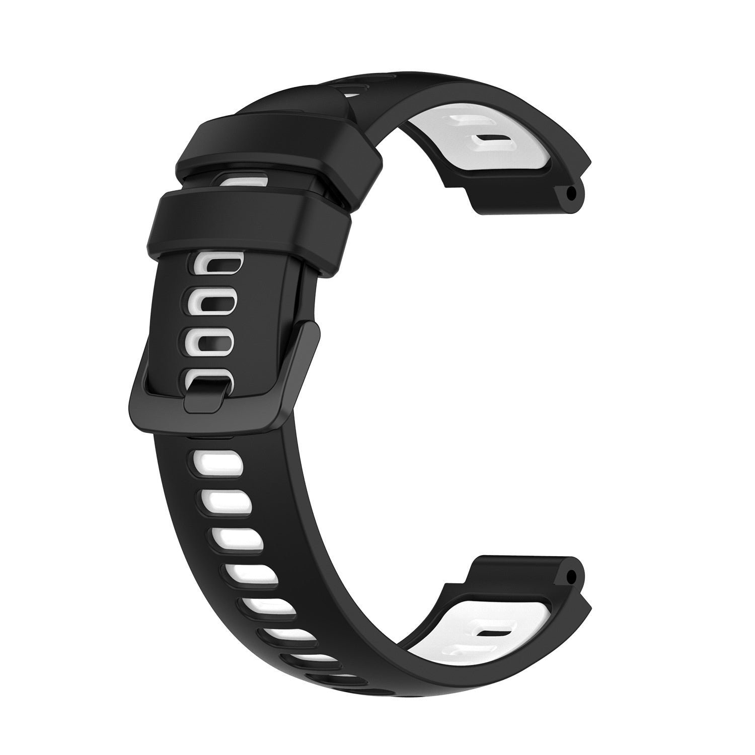 Schwarzes Uhrenarmband mit weißen Akzenten. Es hat eine Schnalle und mehrere Löcher. Das Armband ist C-förmig gebogen.