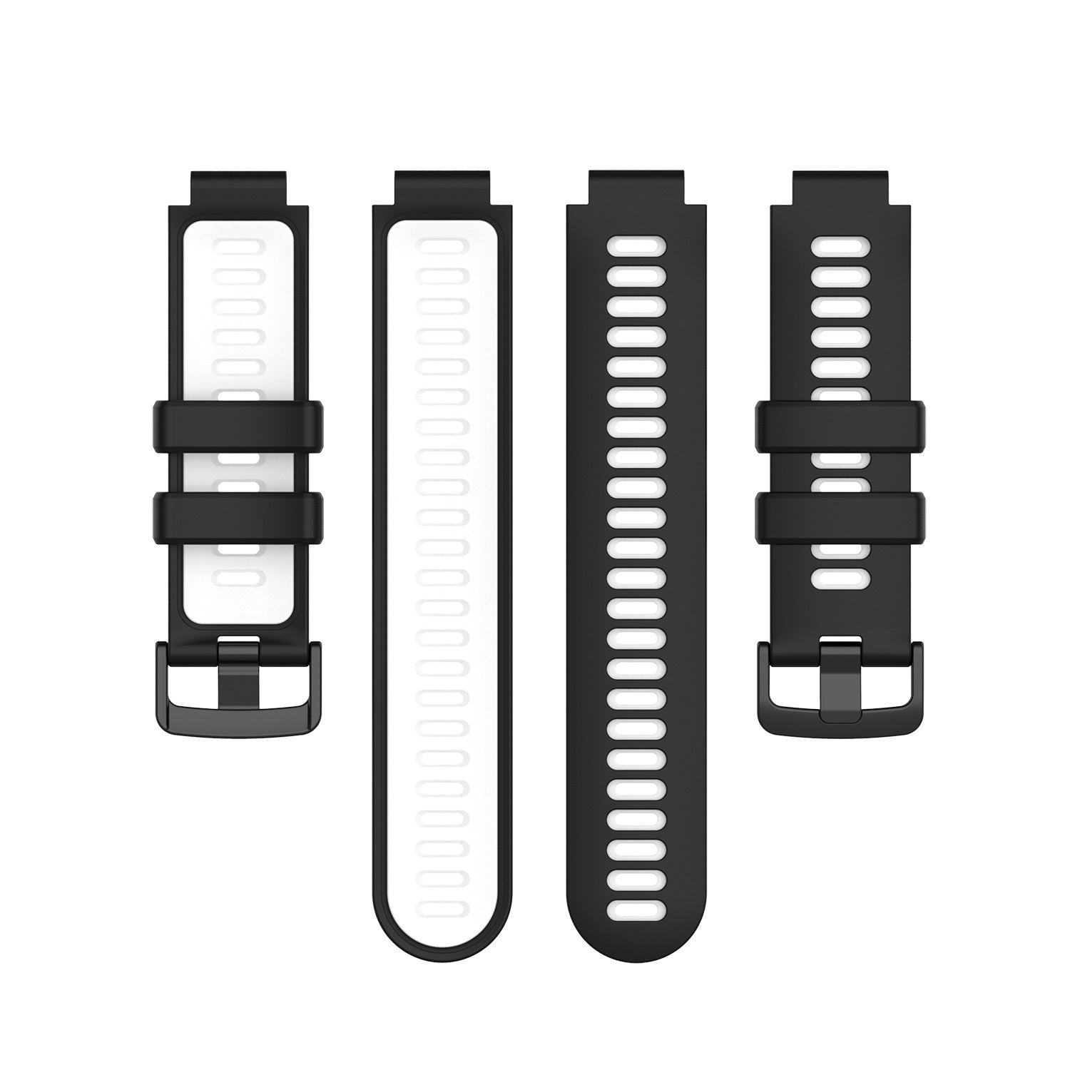 Vier Uhrenarmbänder: zwei weiße und zwei schwarze. Jedes hat eine Schnalle und Löcher zur Anpassung. Die Bänder sind auf weißem Hintergrund.