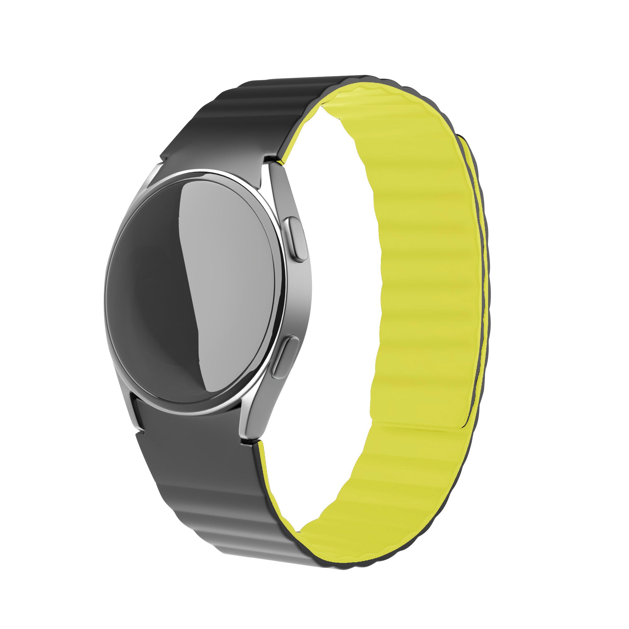 Eine silberne Smartwatch mit schwarzem Armband und gelbem Innenband vor weißem Hintergrund.
