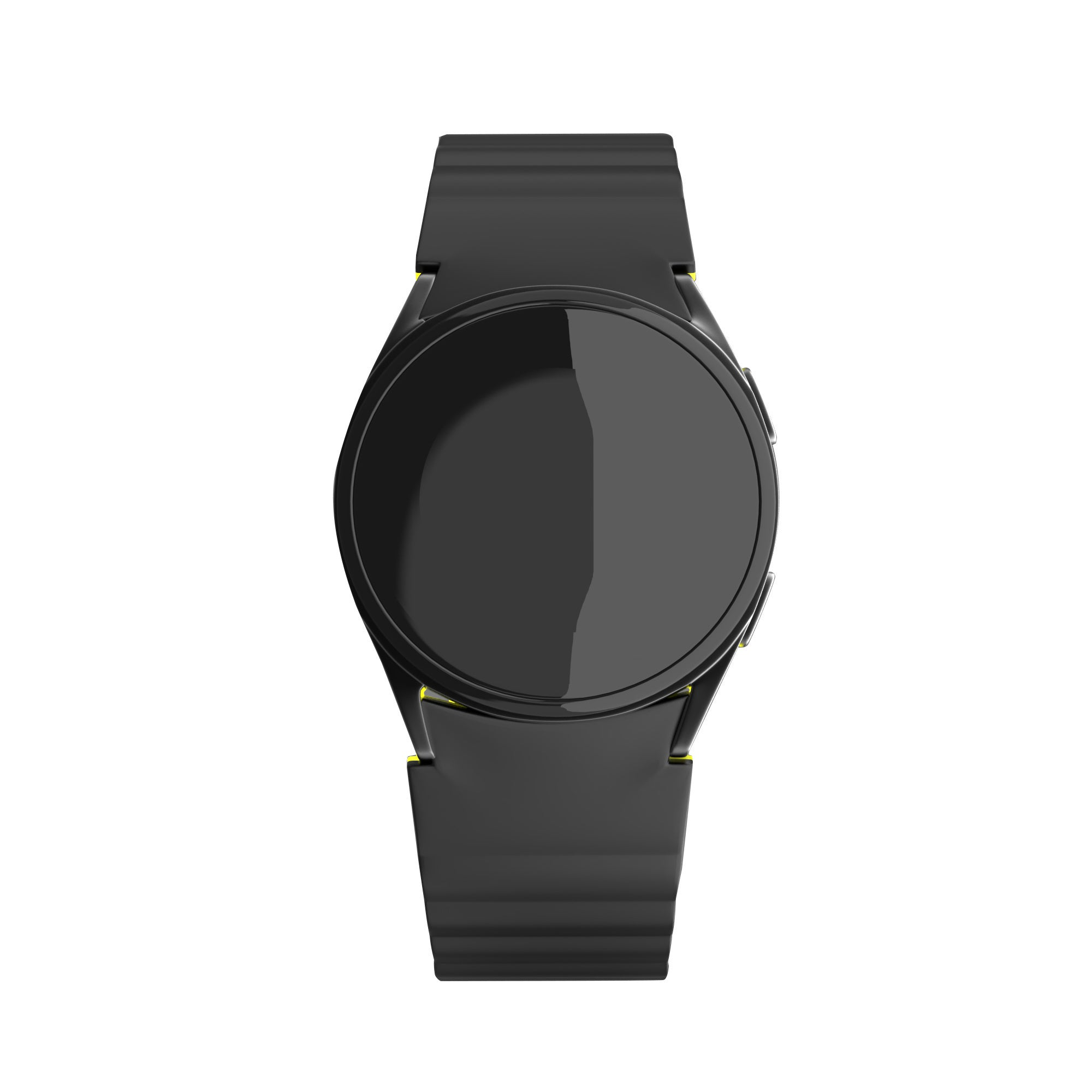 Eine schwarze Smartwatch mit rundem Zifferblatt und schwarzem Armband. Gelbe Akzente sind am Armband sichtbar.
