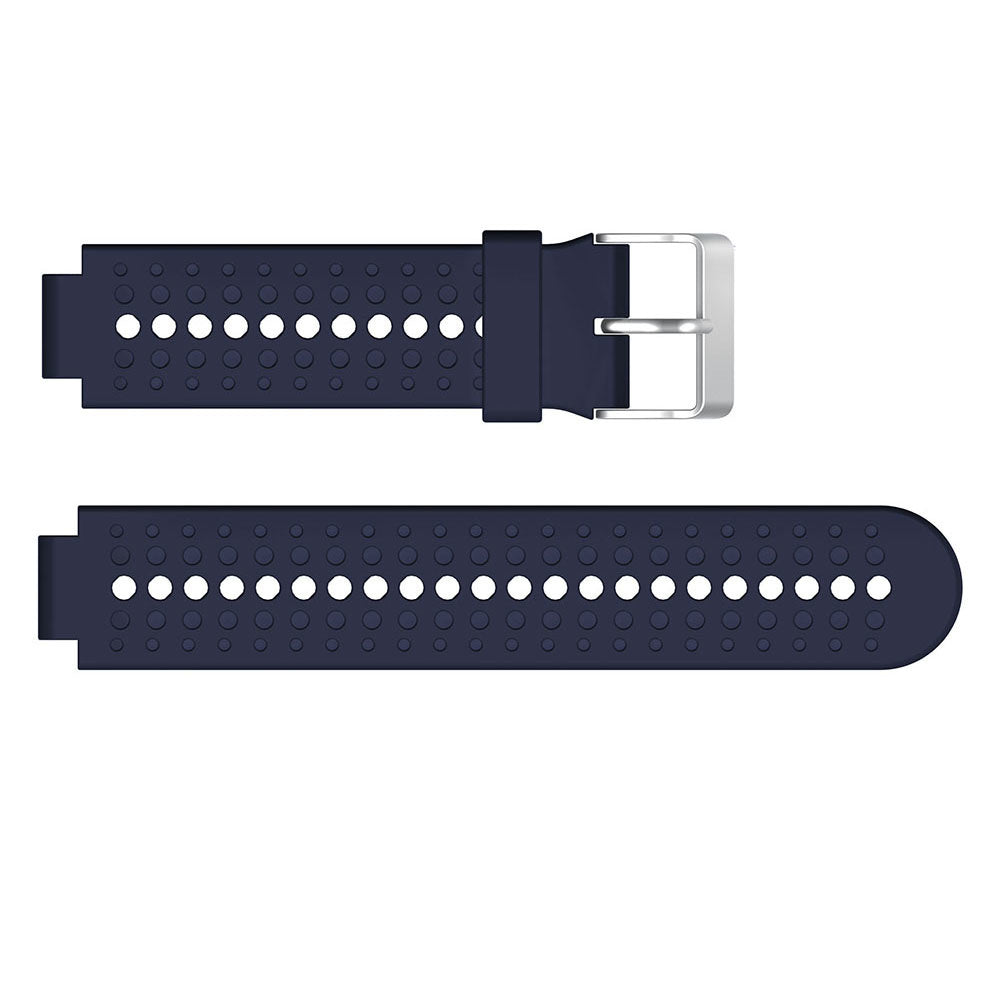 Ein dunkelblaues Armband mit weißen Löchern und einer silbernen Schnalle wird auf weißem Hintergrund gezeigt.