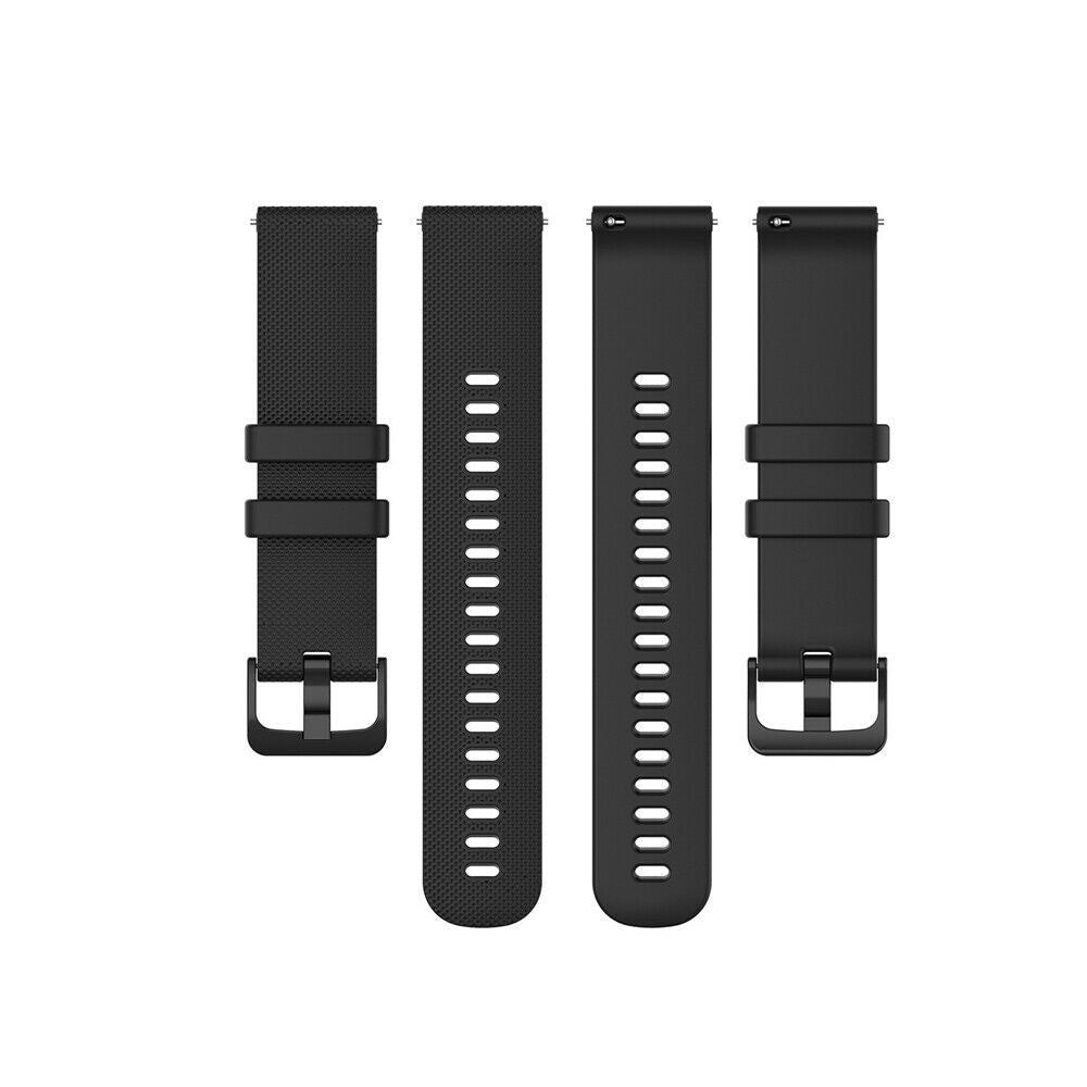 Vier schwarze Uhrenarmbänder auf weißem Hintergrund. Jedes Band hat eine Schnalle und Löcher zur Anpassung.
