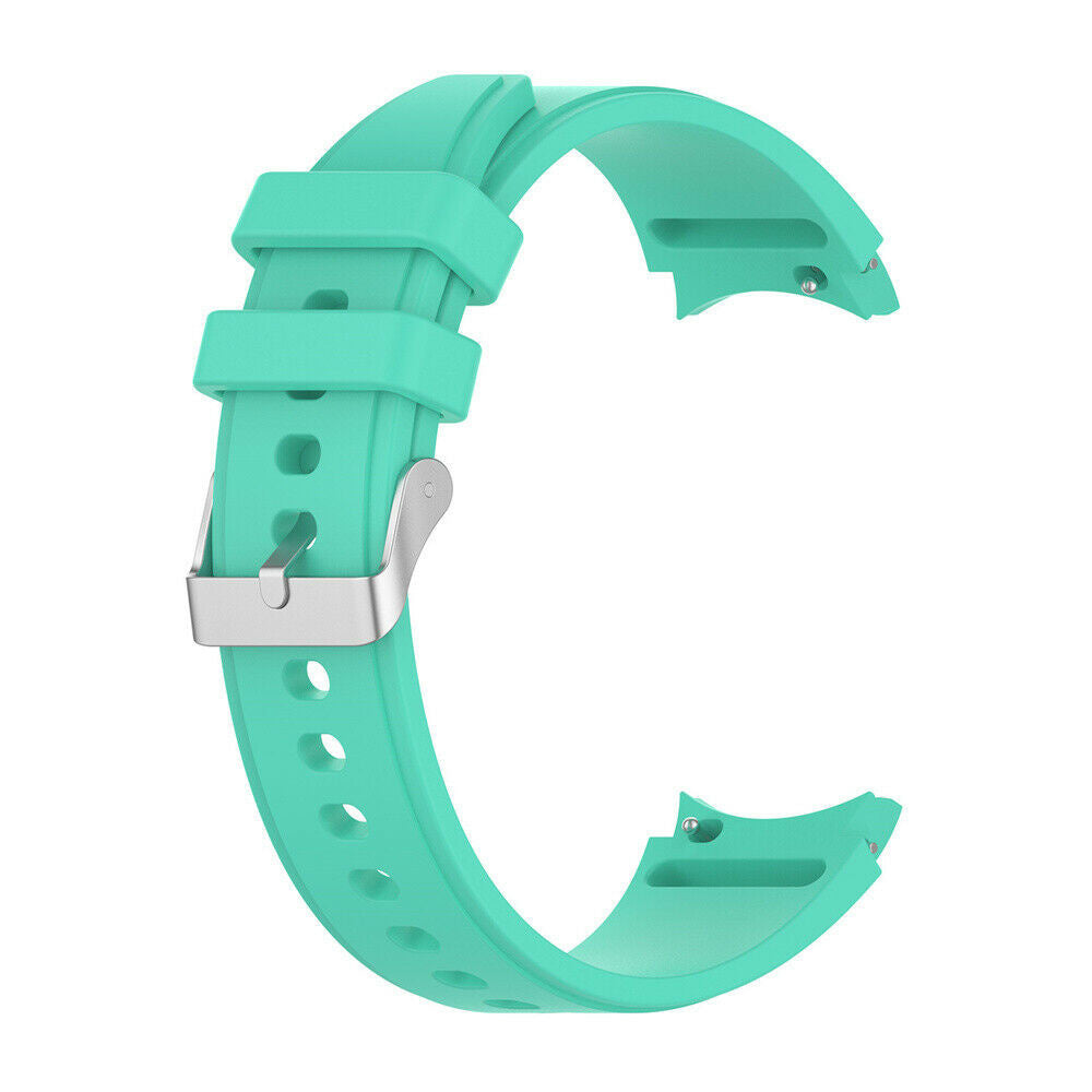 Ein türkisblaues Uhrenarmband vor weißem Hintergrund. Es hat eine silberne Schnalle und mehrere Löcher zur Anpassung.