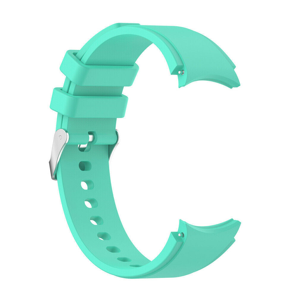 Ein türkisfarbenes Uhrenarmband mit einer silbernen Schnalle. Das Armband ist C-förmig gebogen und zeigt die Innen- und Außenseite.