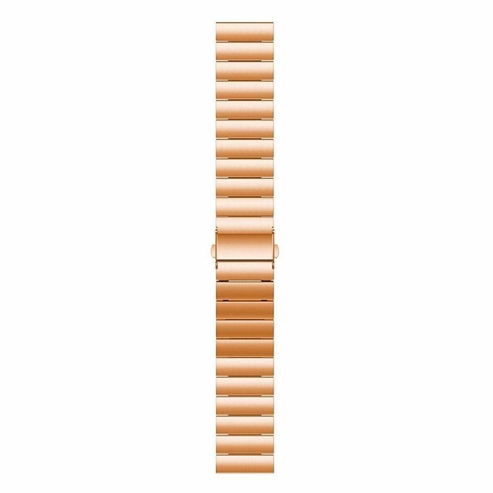 Ein roségoldenes Uhrenarmband liegt vertikal vor einem weißen Hintergrund. Das Armband besteht aus rechteckigen Gliedern und hat einen Verschluss.