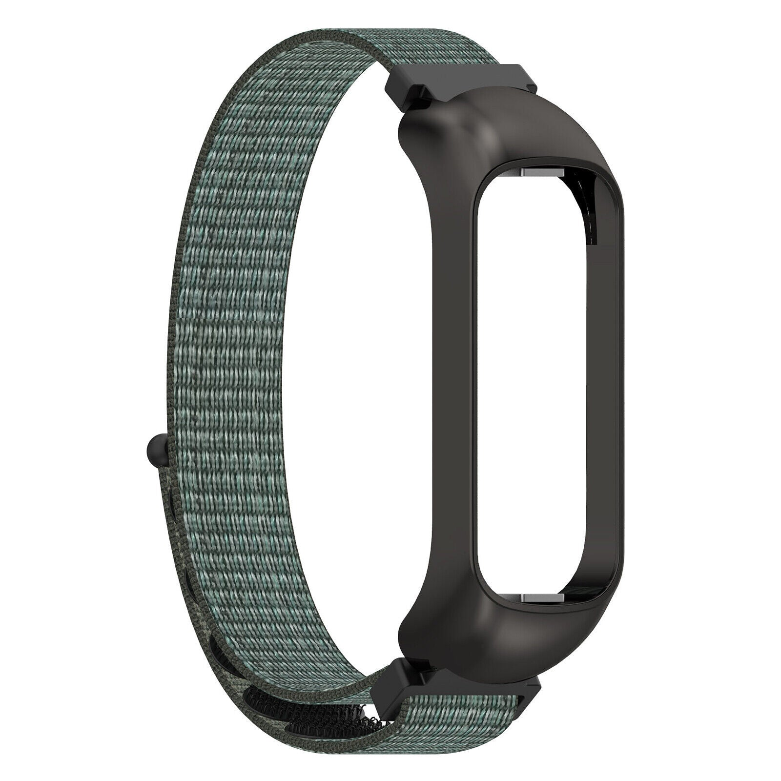 Ein grünes und schwarzes Armband. Das Armband besteht aus gewebtem Material, das Gehäuse ist schwarz.
