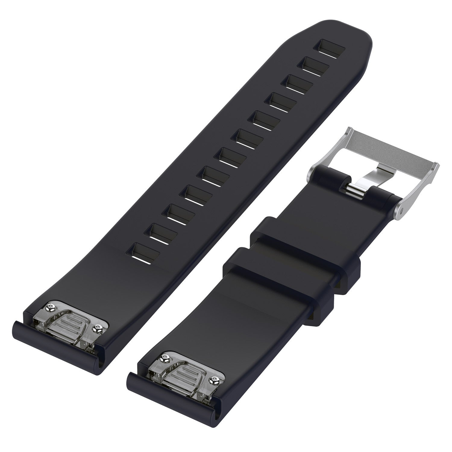 Zwei schwarze Uhrenarmbänder mit silbernen Metallschnallen, isoliert auf weißem Hintergrund. Ein Armband hat rechteckige Löcher.