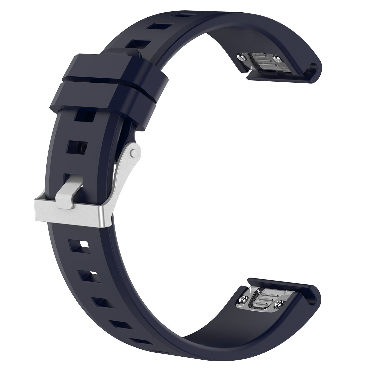 Dunkelblaues Uhrenarmband mit silberner Schnalle. Das Armband hat rechteckige Aussparungen und ist gebogen. Weißer Hintergrund.