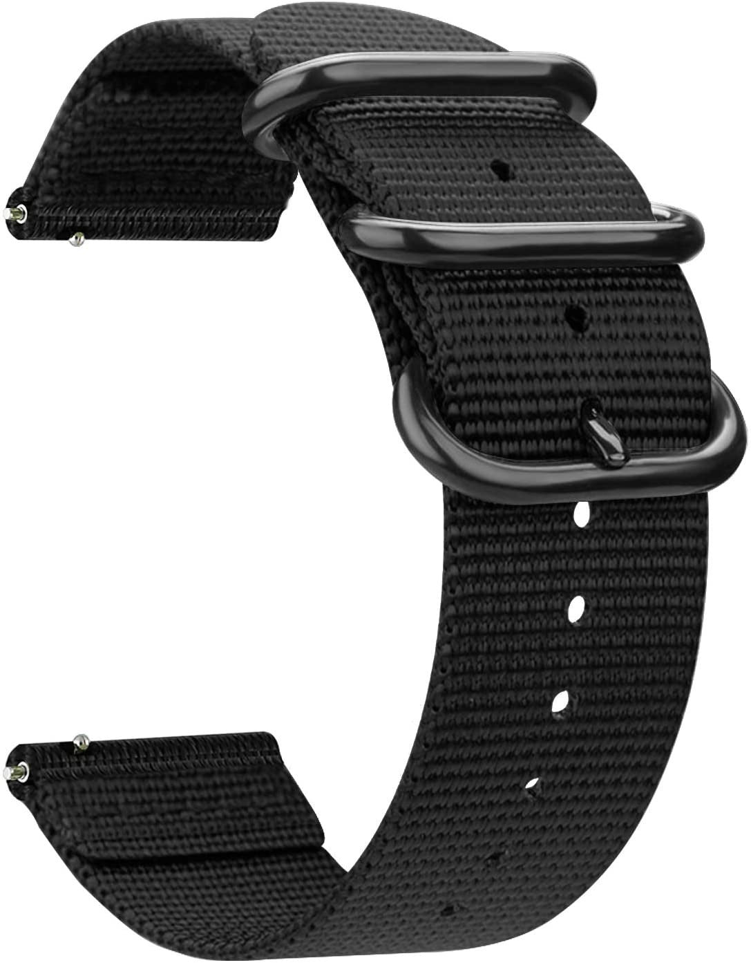 Ein schwarzes Uhrenarmband mit schwarzen Metallschnallen. Das Band besteht aus gewebtem Nylon, das seine Textur zeigt. Drei Löcher zur Anpassung.