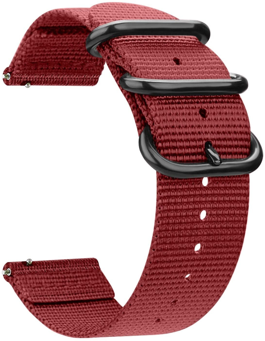 Ein rotes Uhrenarmband mit schwarzen Metallschlaufen. Das Armband besteht aus gewebtem Material. Der Hintergrund ist weiß.