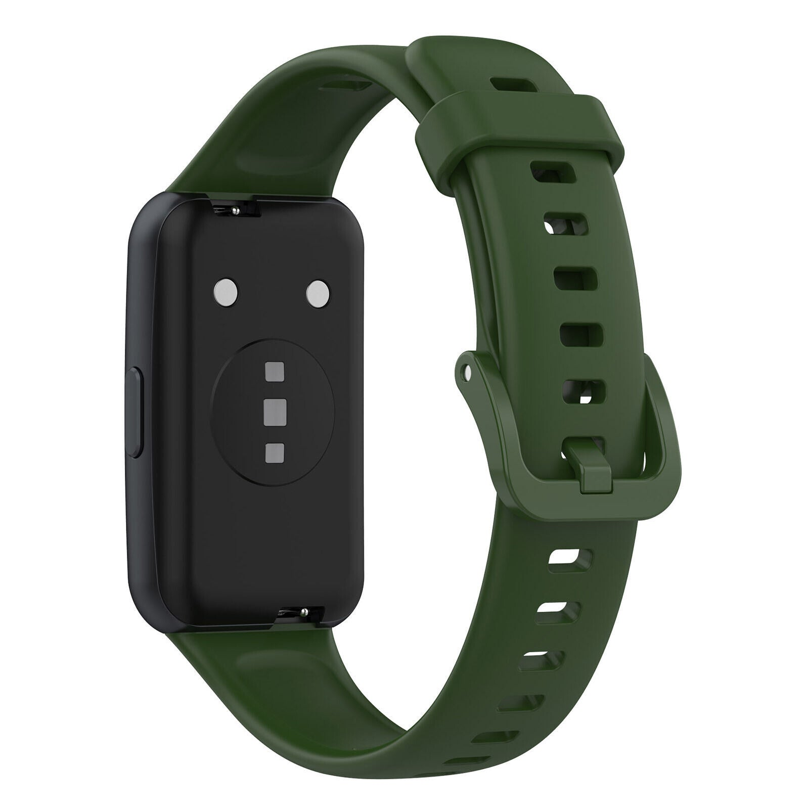 Eine grüne Smartwatch mit schwarzem Zifferblatt. Das Armband ist ebenfalls grün, mit mehreren Löchern und einem Verschluss.