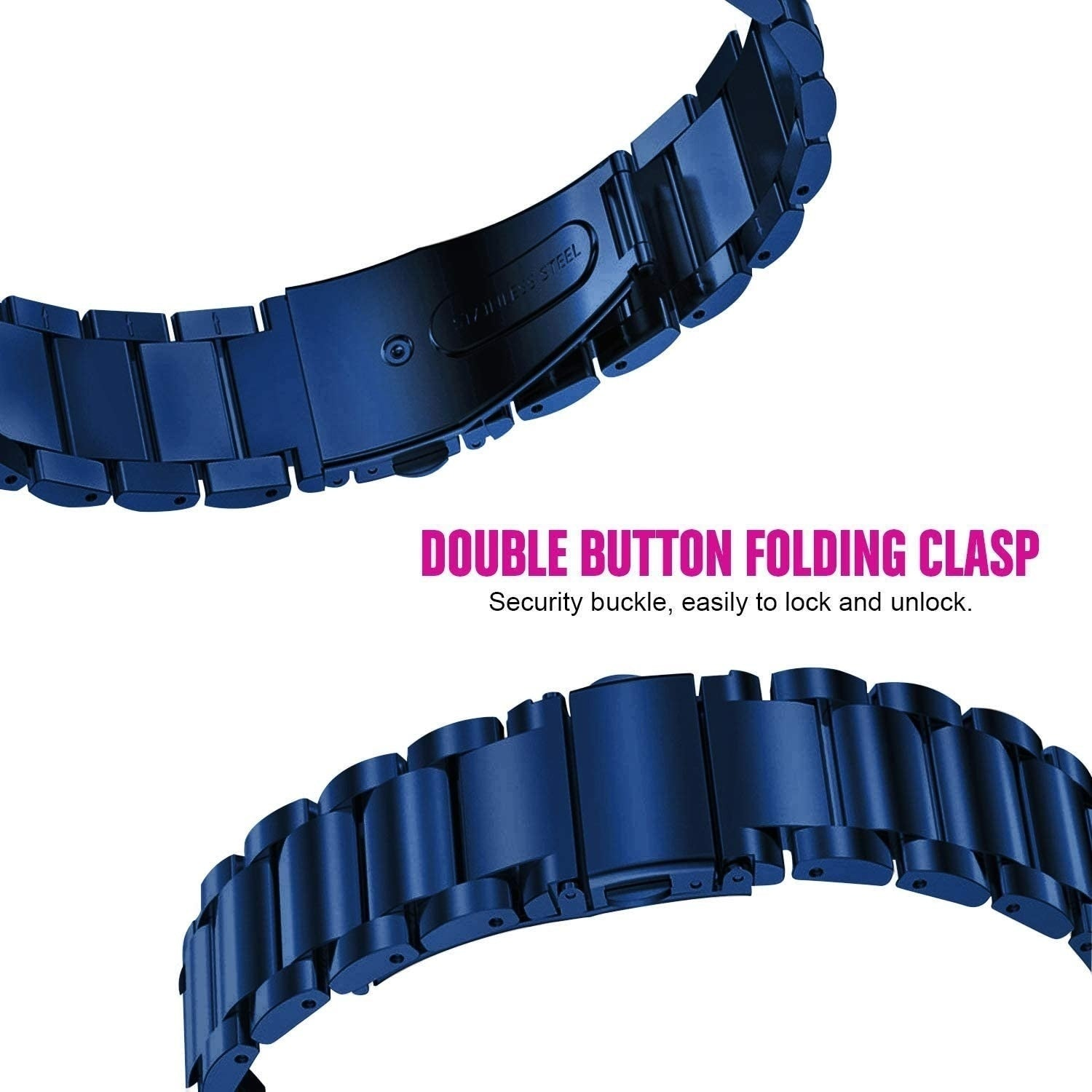 Nahaufnahme eines blauen Metall-Uhrenarmbands mit Doppelknopf-Faltschließe, mit der Aufschrift 'STAINLESS STEEL'. Text: 'DOUBLE BUTTON FOLDING CLASP'.