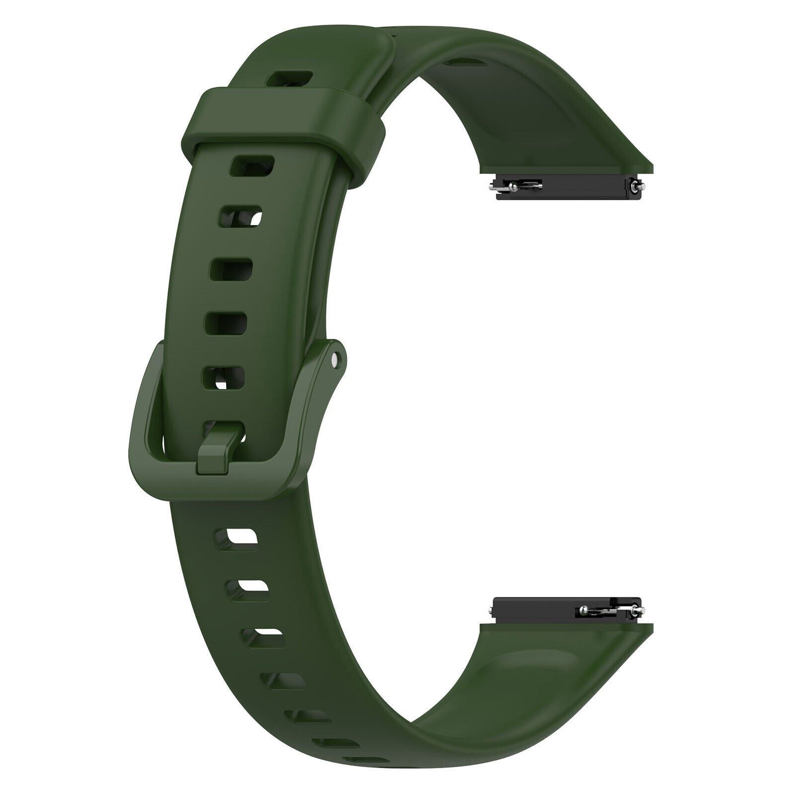 Ein grünes Smartwatch-Armband wird vor einem weißen Hintergrund gezeigt. Das Armband ist gebogen und hat eine Schnalle und Löcher.