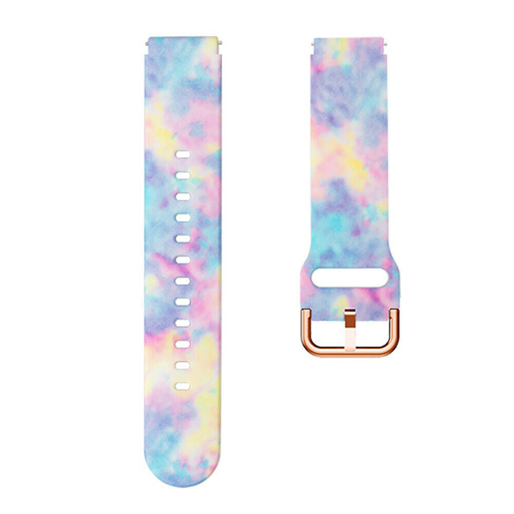 Zwei bunte Uhrenarmbänder. Eines hat Löcher, das andere eine goldene Schnalle. Die Farben sind eine Mischung aus Rosa, Gelb und Blau.