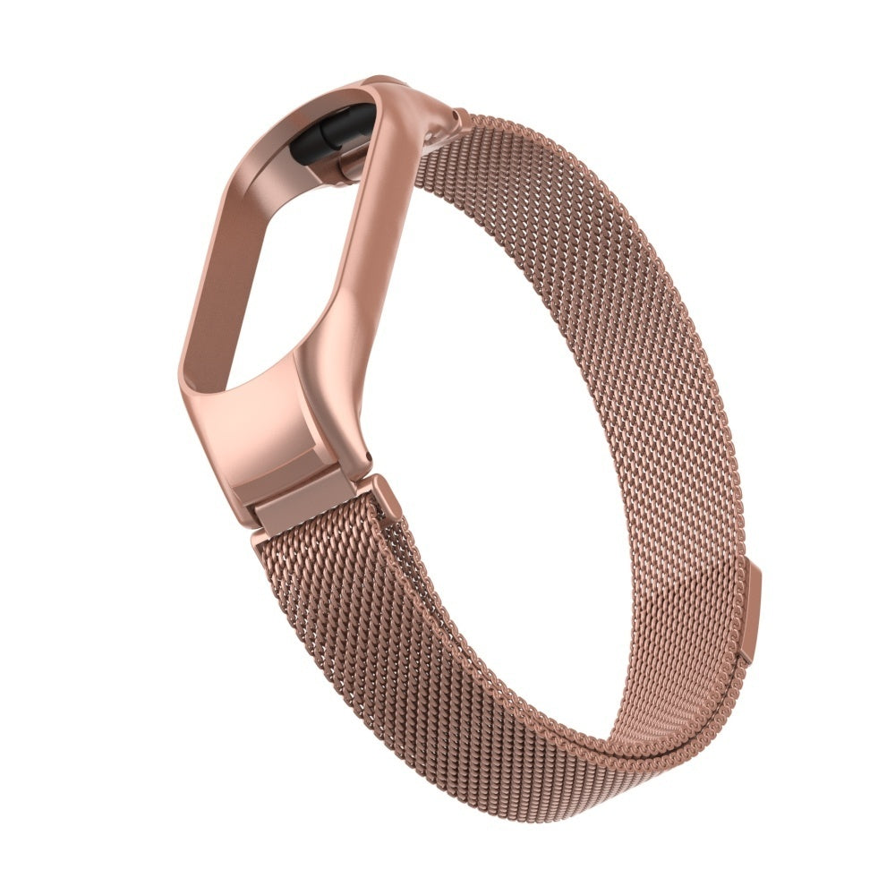 Roségoldfarbenes Smartwatch-Armband. Das Armband besteht aus einem gewebten Metallgeflecht. Das Gehäuse ist am Band befestigt.