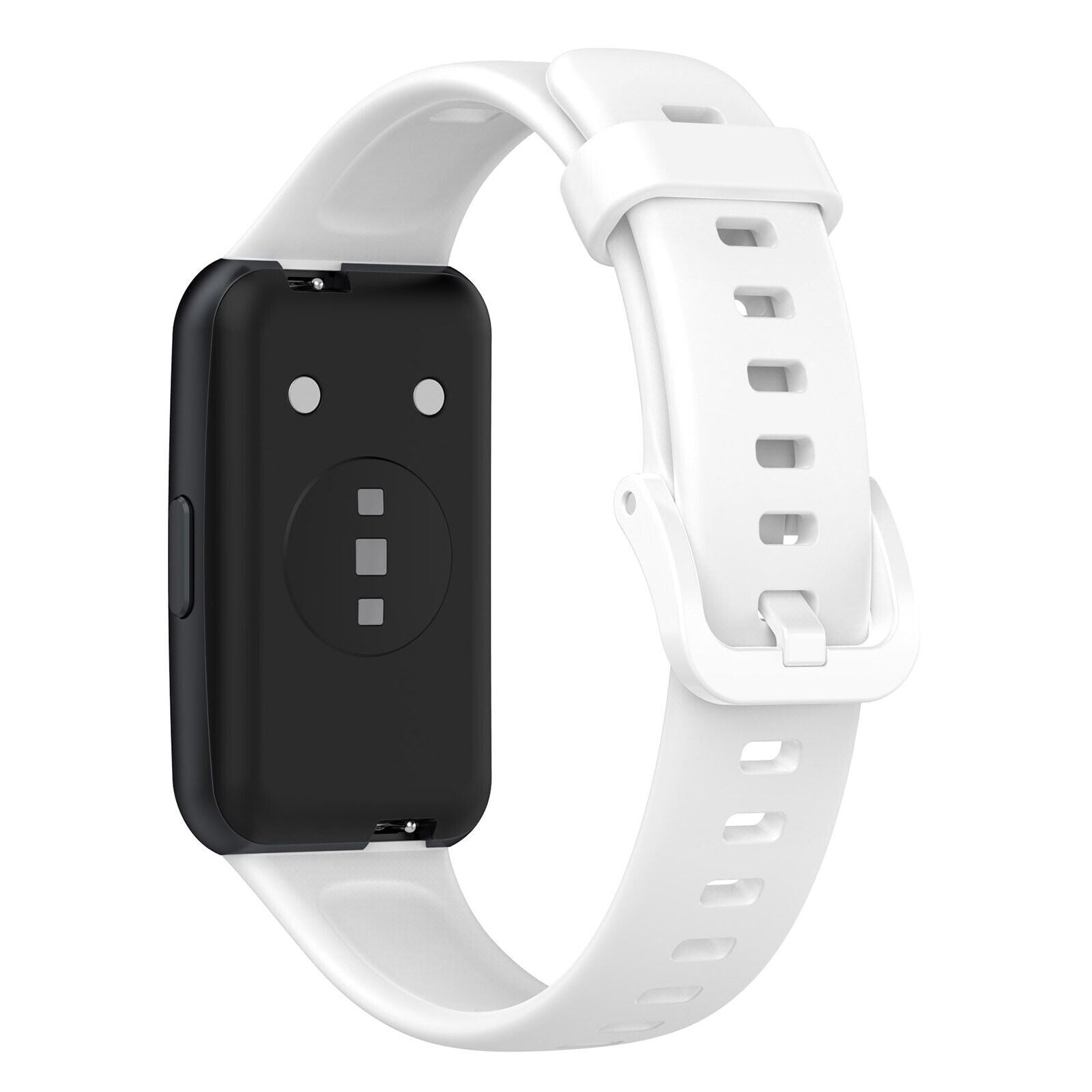 Eine weiße Smartwatch mit schwarzer Rückseite. Das Armband ist weiß mit einer Schnalle. Die Rückseite hat Sensoren und Kontakte.