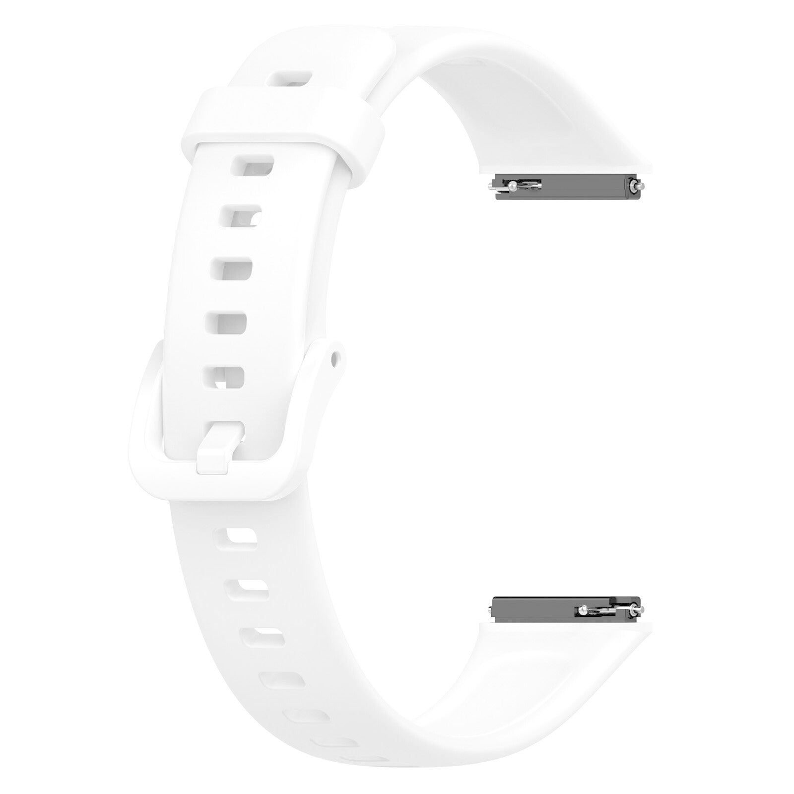 Weißes Uhrenarmband. Es hat eine Schnalle, Löcher und graue Metallverschlüsse an beiden Enden.