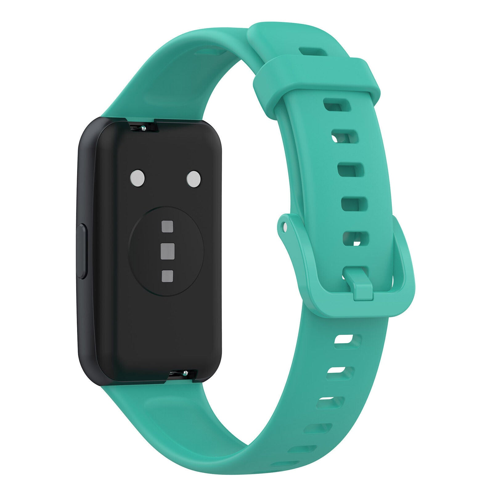 Eine türkisfarbene Smartwatch mit schwarzem Zifferblatt und türkisfarbenem Armband. Das Armband ist verbunden und zeigt die Rückseite der Uhr.